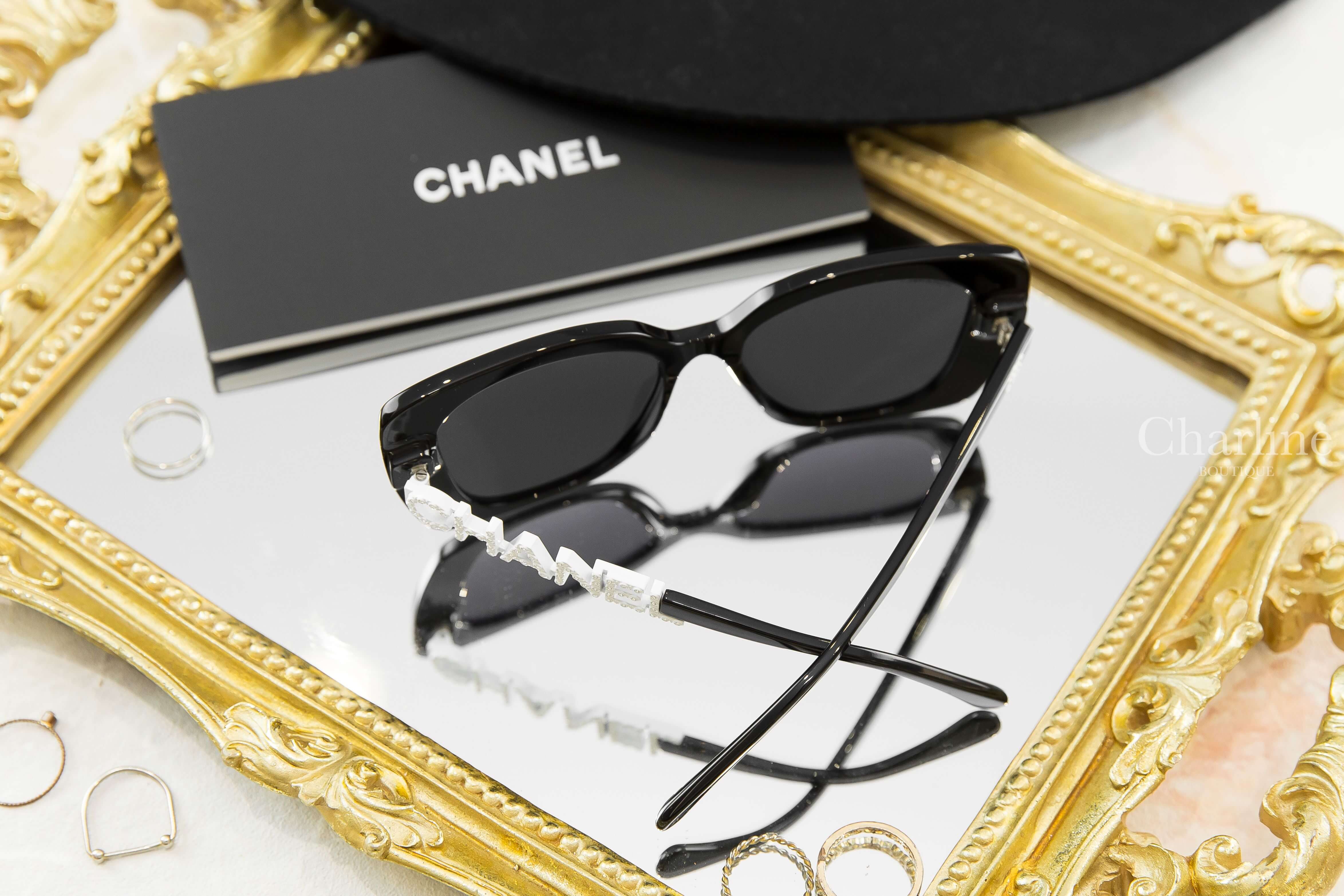 Chanel Square Sunglasses 黑色方框側邊白鑽 Chanel 太陽眼鏡-Charline Boutique 精品代購