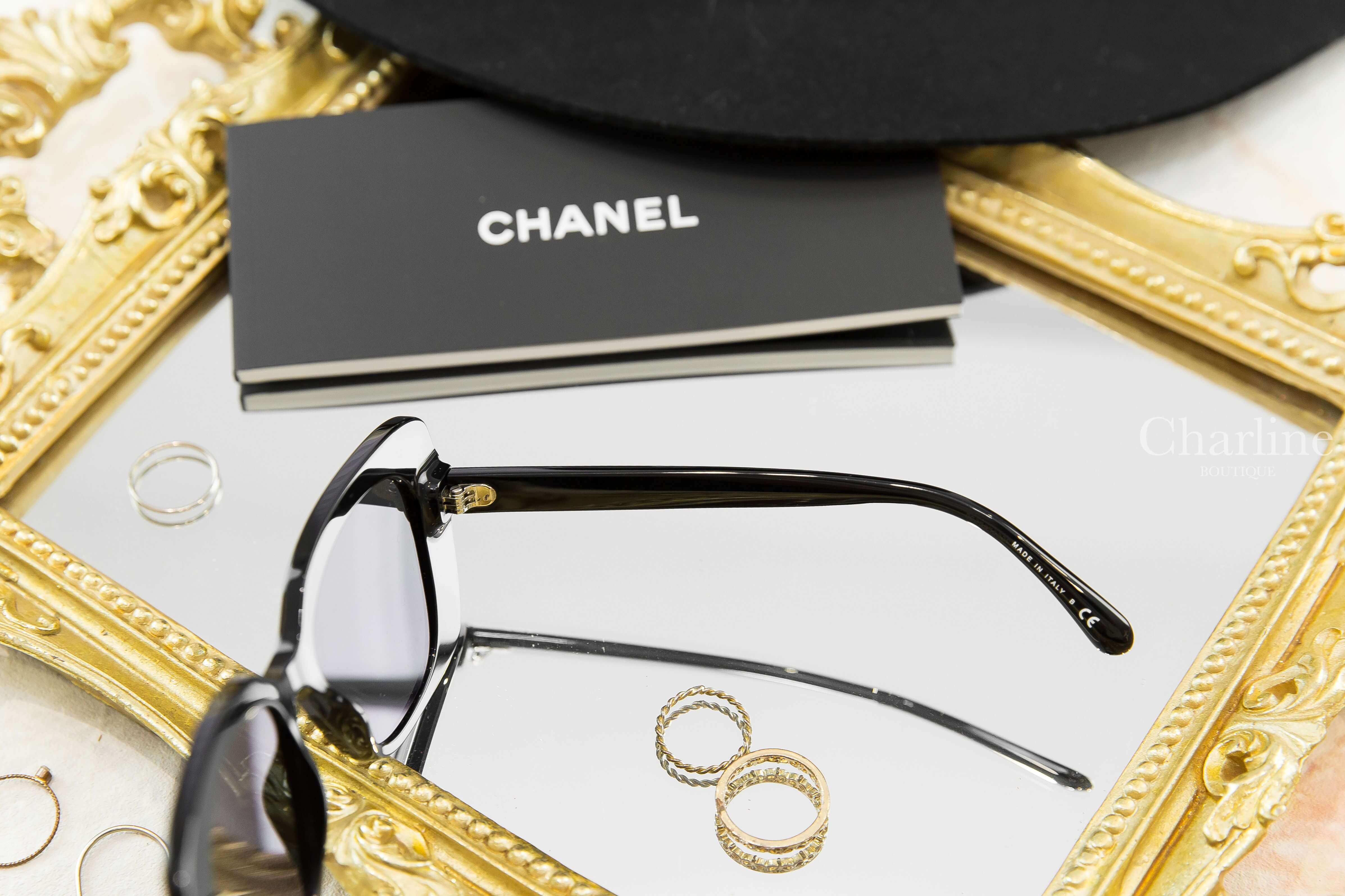 Chanel Square Sunglasses 黑色方框側邊白鑽 Chanel 太陽眼鏡-Charline Boutique 精品代購
