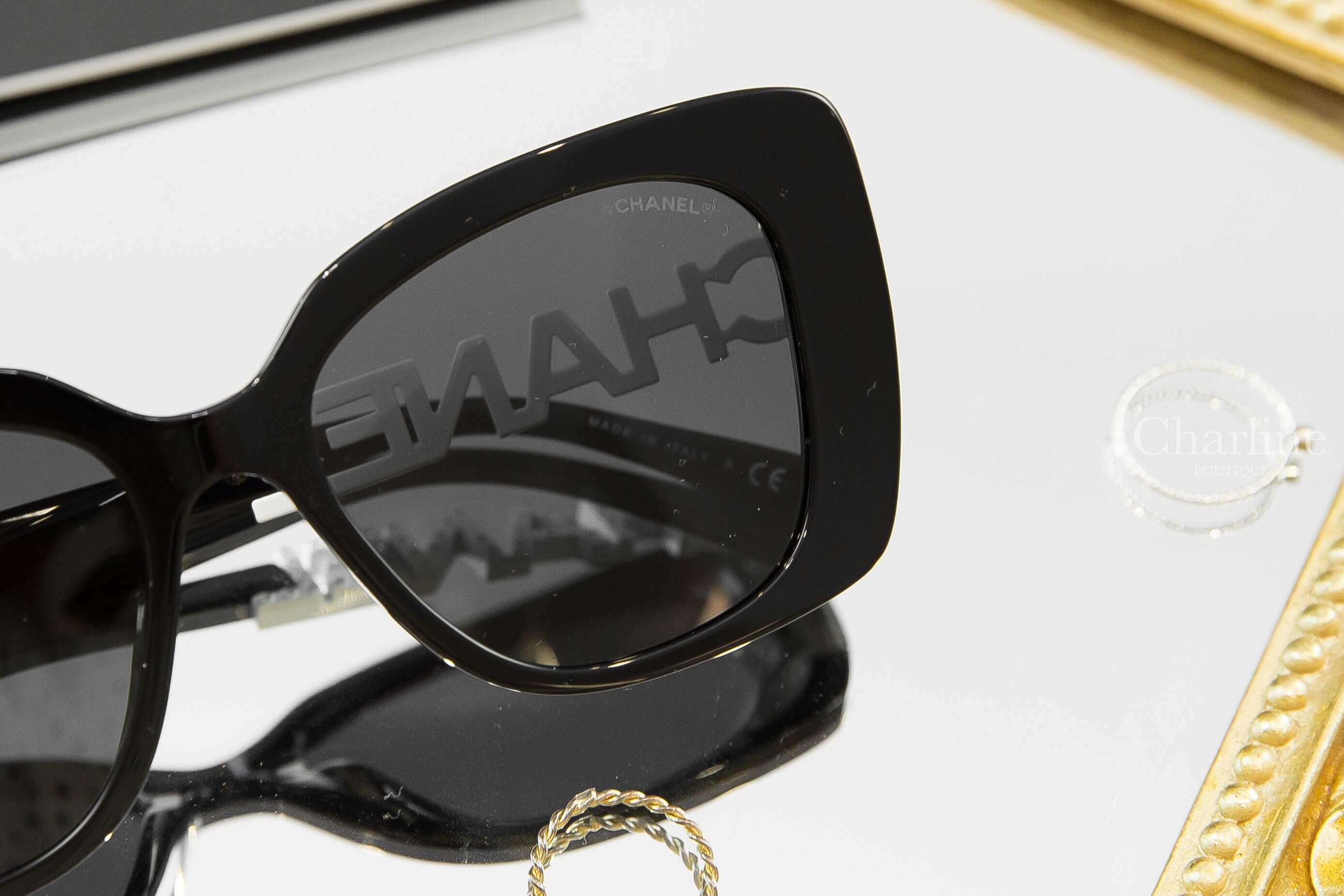 Chanel Square Sunglasses 黑色方框側邊白鑽 Chanel 太陽眼鏡