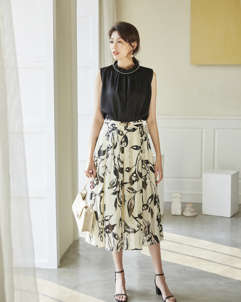 DEER.W 配色印花壓褶雪紡長裙 白色