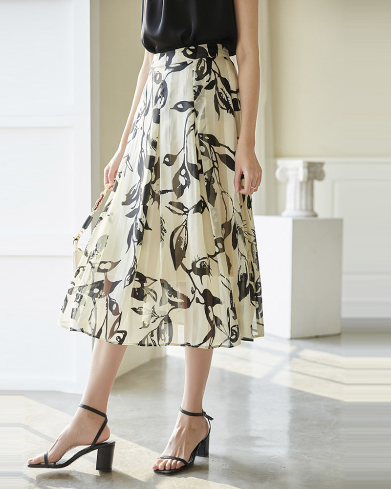 DEER.W 配色印花壓褶雪紡長裙 白色