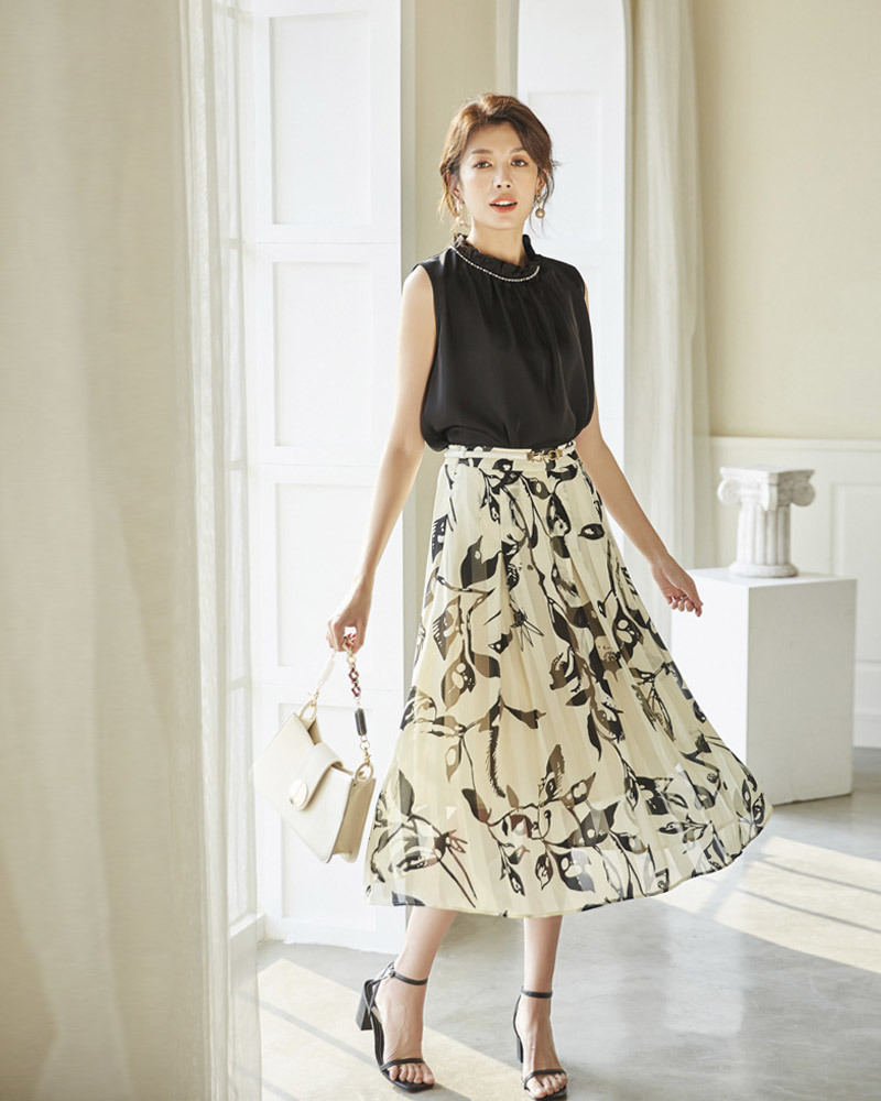 DEER.W 配色印花壓褶雪紡長裙 白色