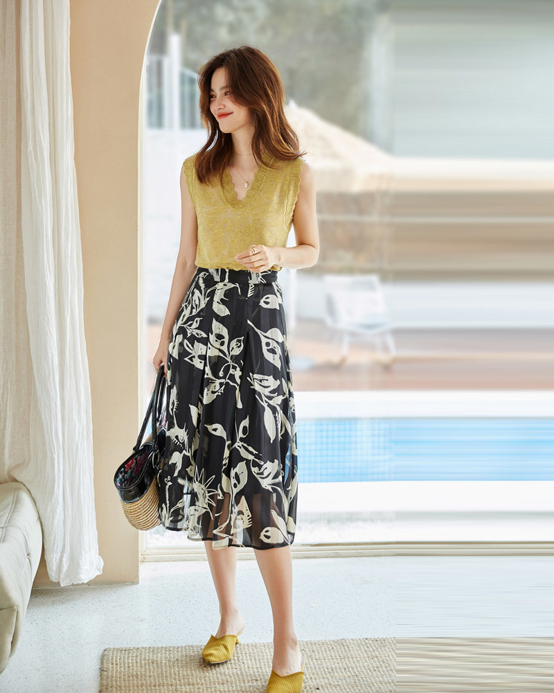 DEER.W 配色印花壓褶雪紡長裙 黑色