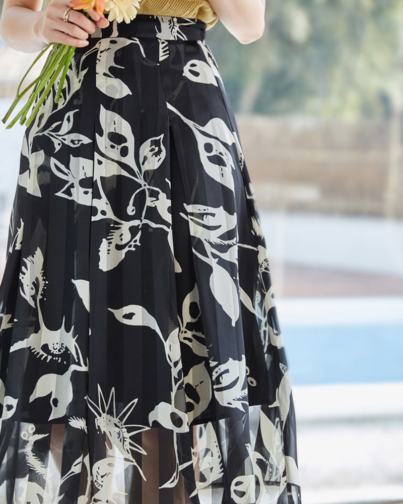 DEER.W 配色印花壓褶雪紡長裙 黑色