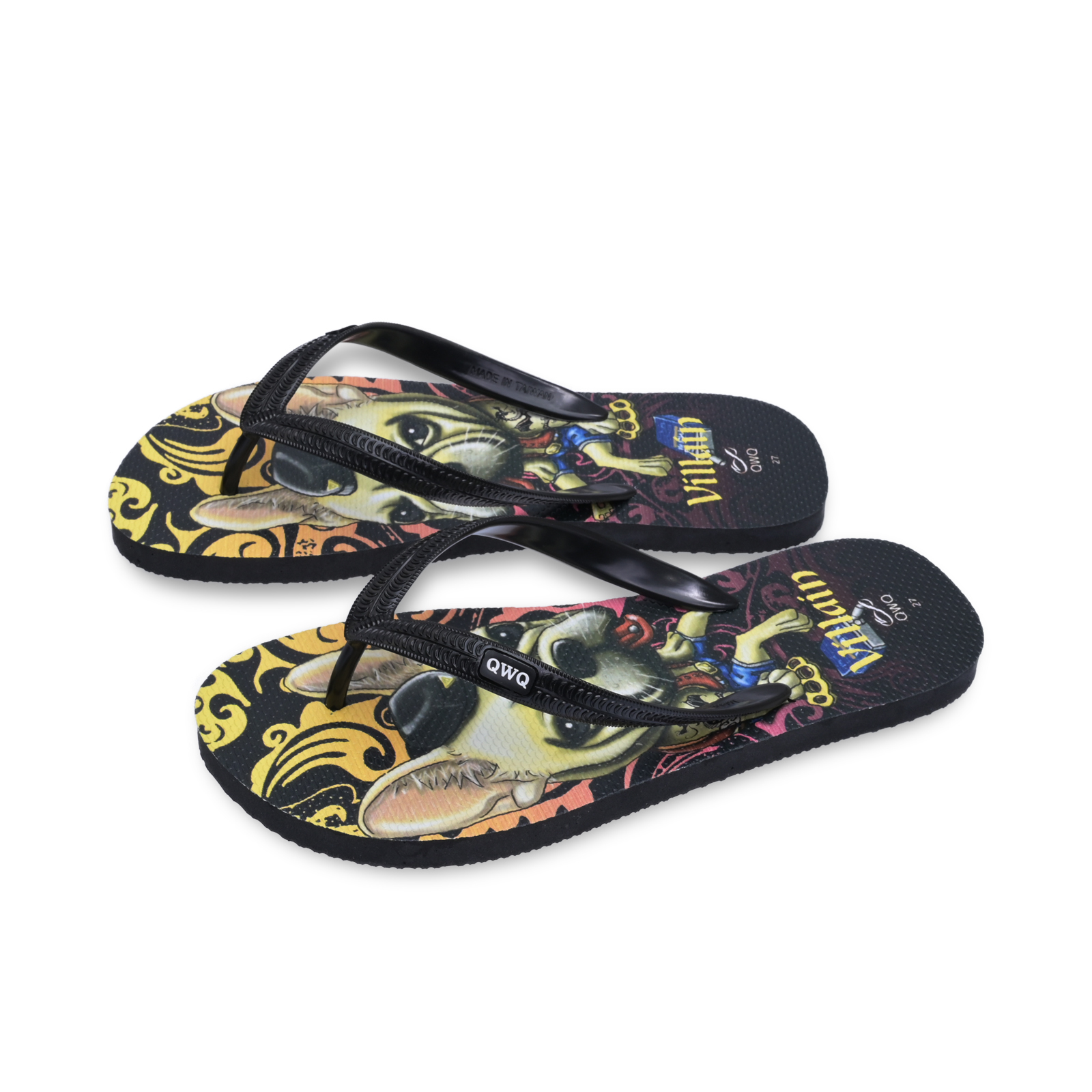 Villain Dog 黑色 插圖男款夾腳拖鞋 文創繪圖法鬥風格款