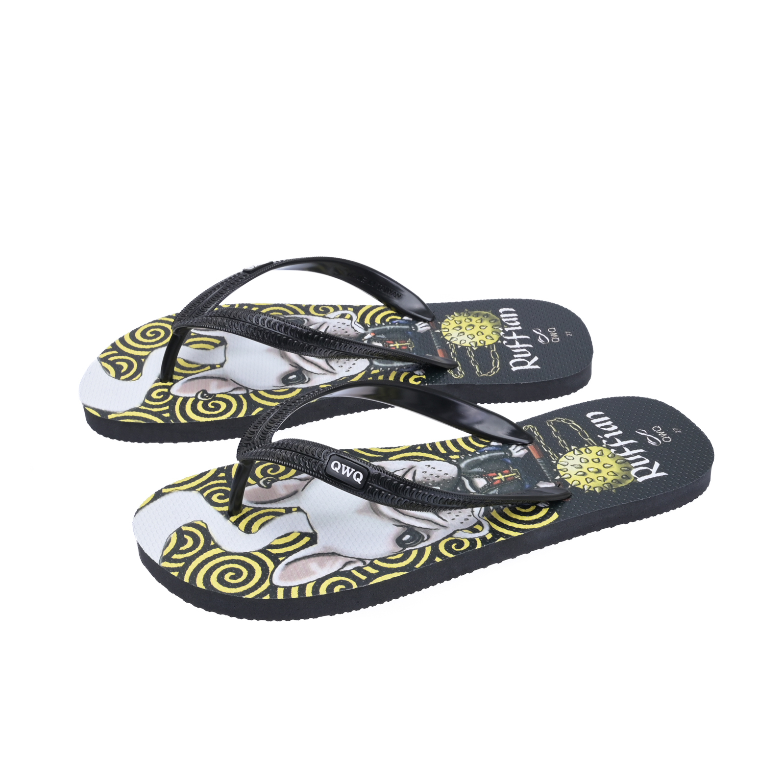 Ruffian Dog 黑色 插圖男款夾腳拖鞋 文創繪圖法鬥風格款