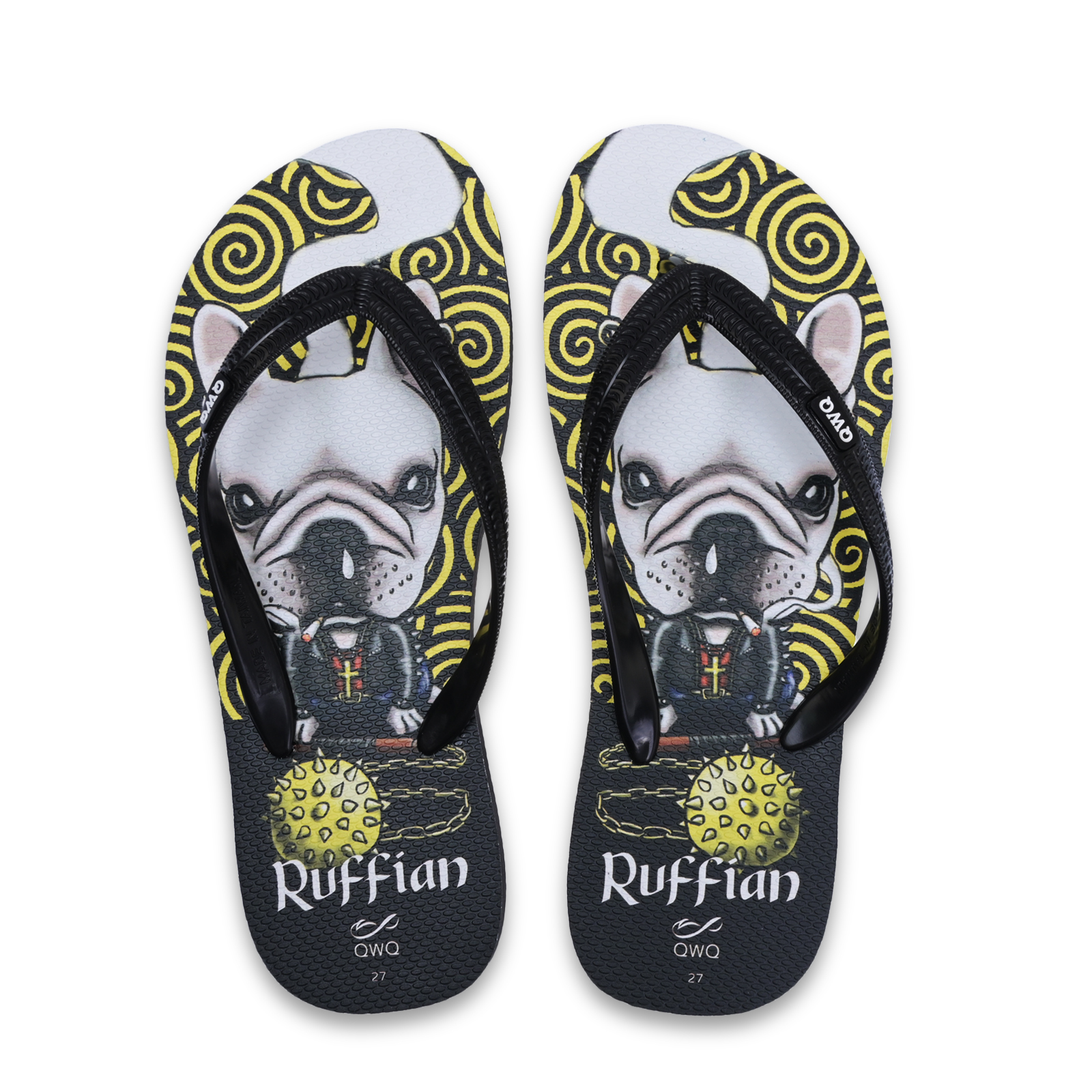 Ruffian Dog 黑色 插圖男款夾腳拖鞋 文創繪圖法鬥風格款