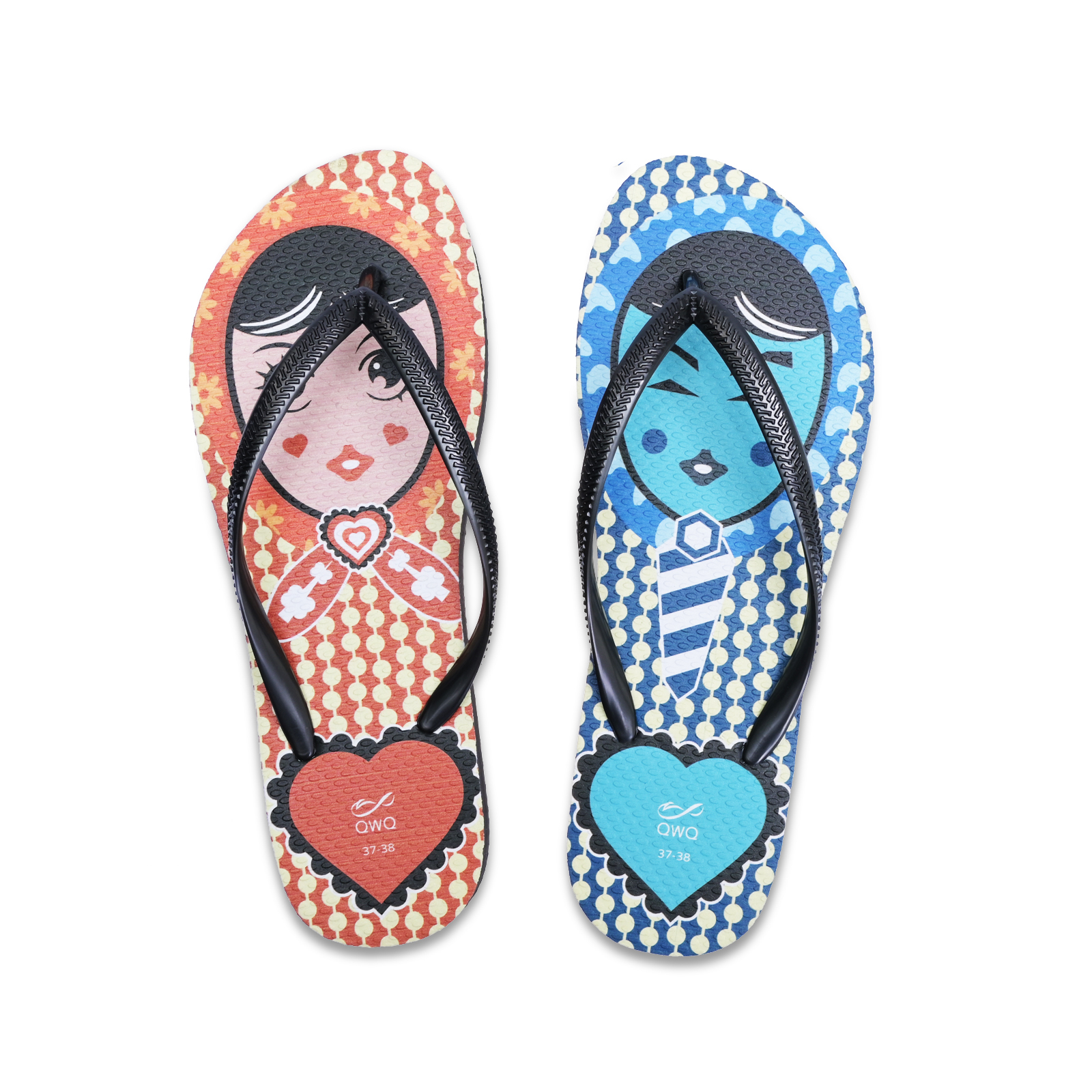 豆豆男女 手繪系列情侶風格 黑色 插圖女款夾腳拖