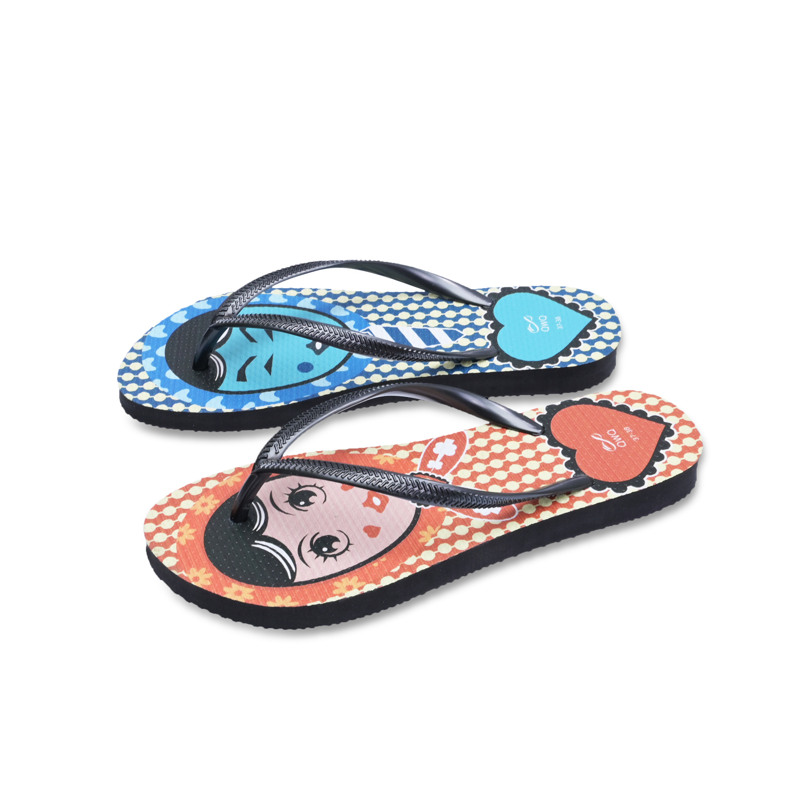 豆豆男女 手繪系列情侶風格 黑色 插圖女款夾腳拖