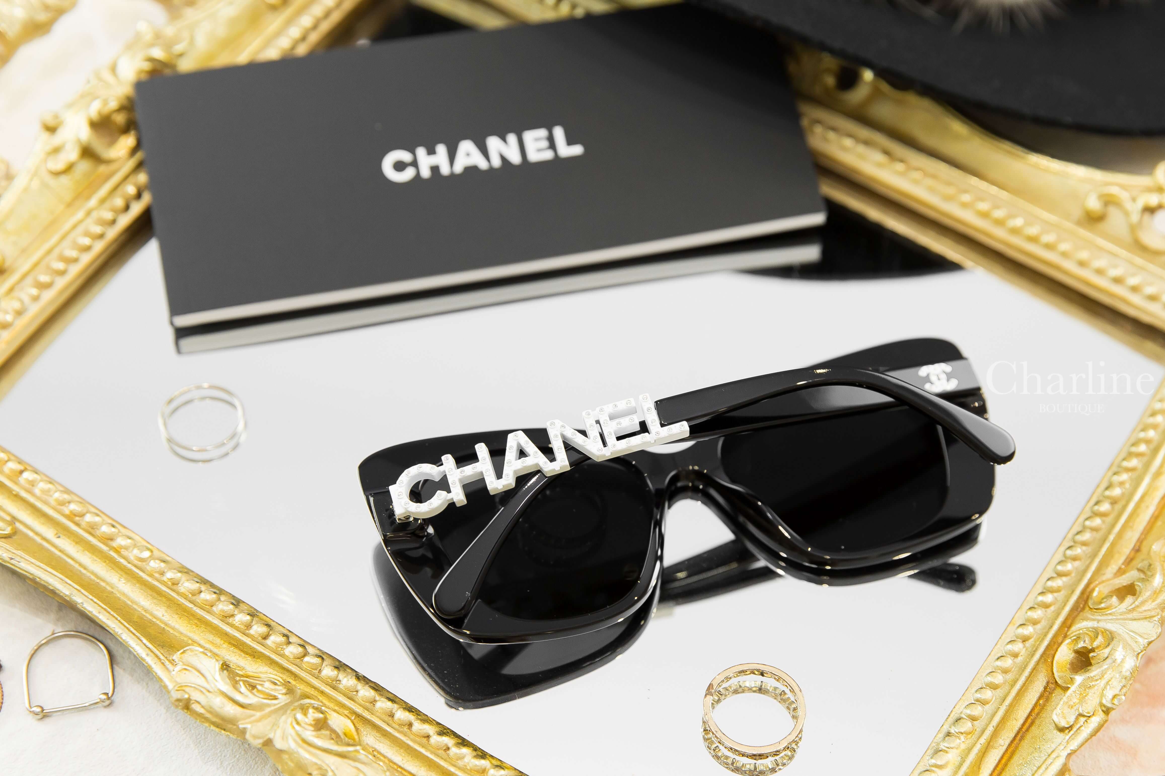 Chanel Square Sunglasses 黑色方框側邊白鑽 Chanel 太陽眼鏡