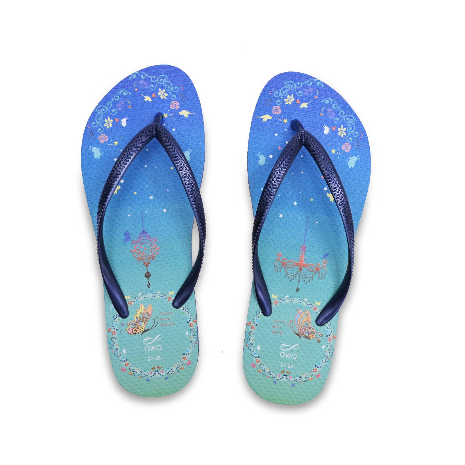 空中園 文創系列水晶風格 藍色 插圖女款夾腳拖