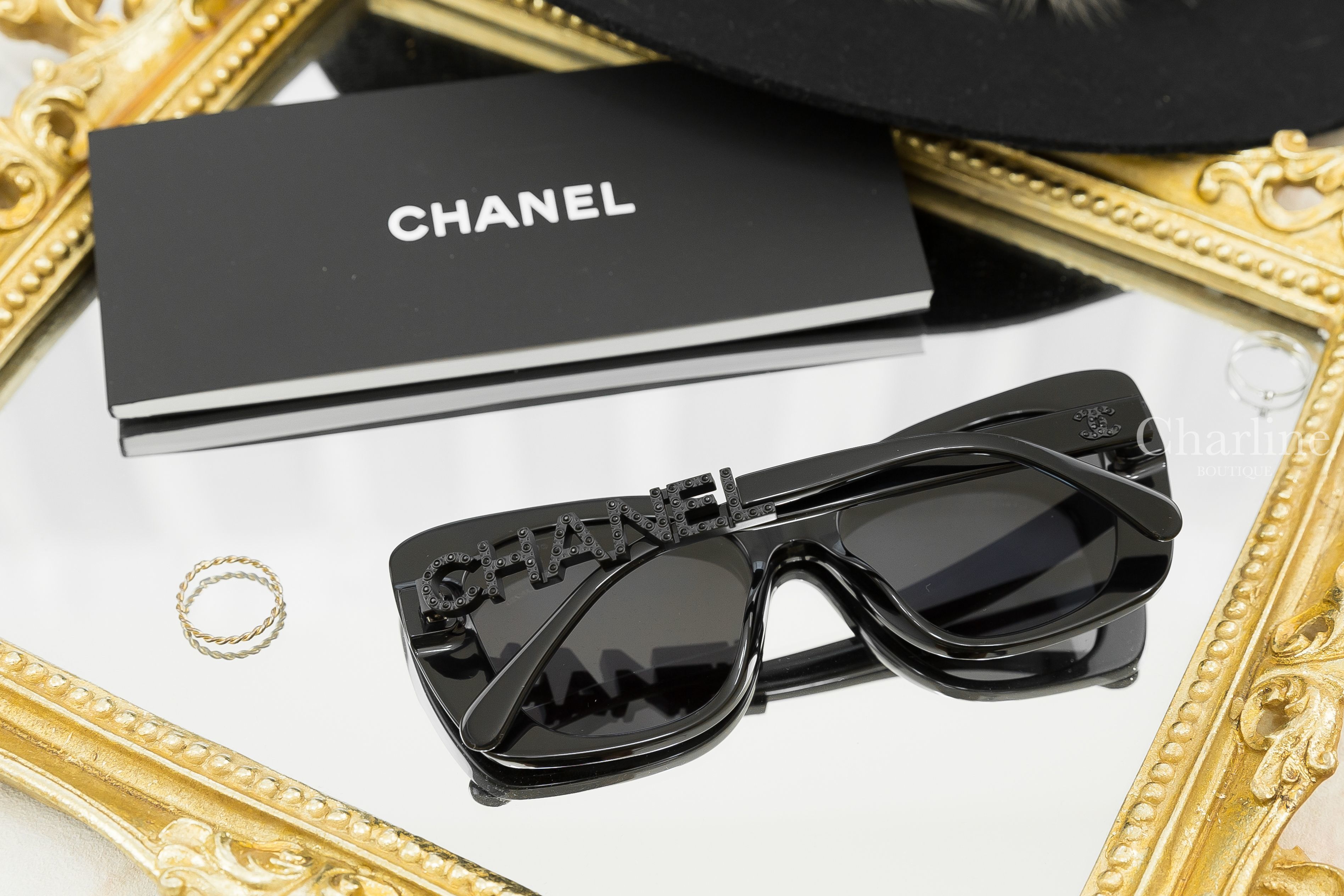 Chanel Sunglasses 黑色方框側邊黑鑽太陽眼鏡-Charline Boutique精品代購