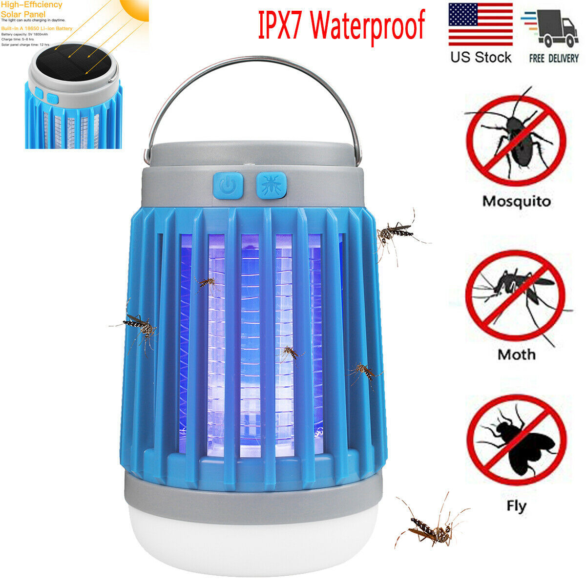 太陽能/USB充電 多功能防水露營燈/手電筒/紫光滅蚊燈