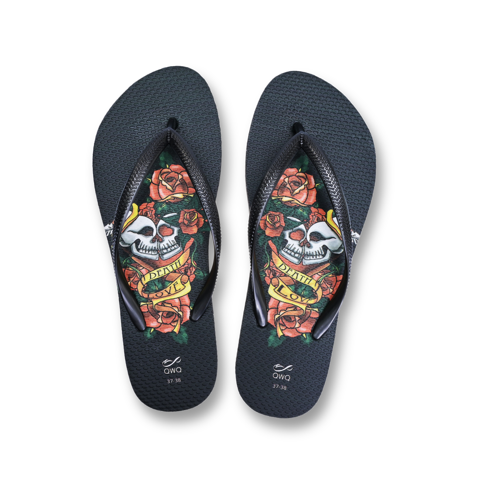 雙頭愛 酷炫系列純愛風格 黑色 插圖女款夾腳拖