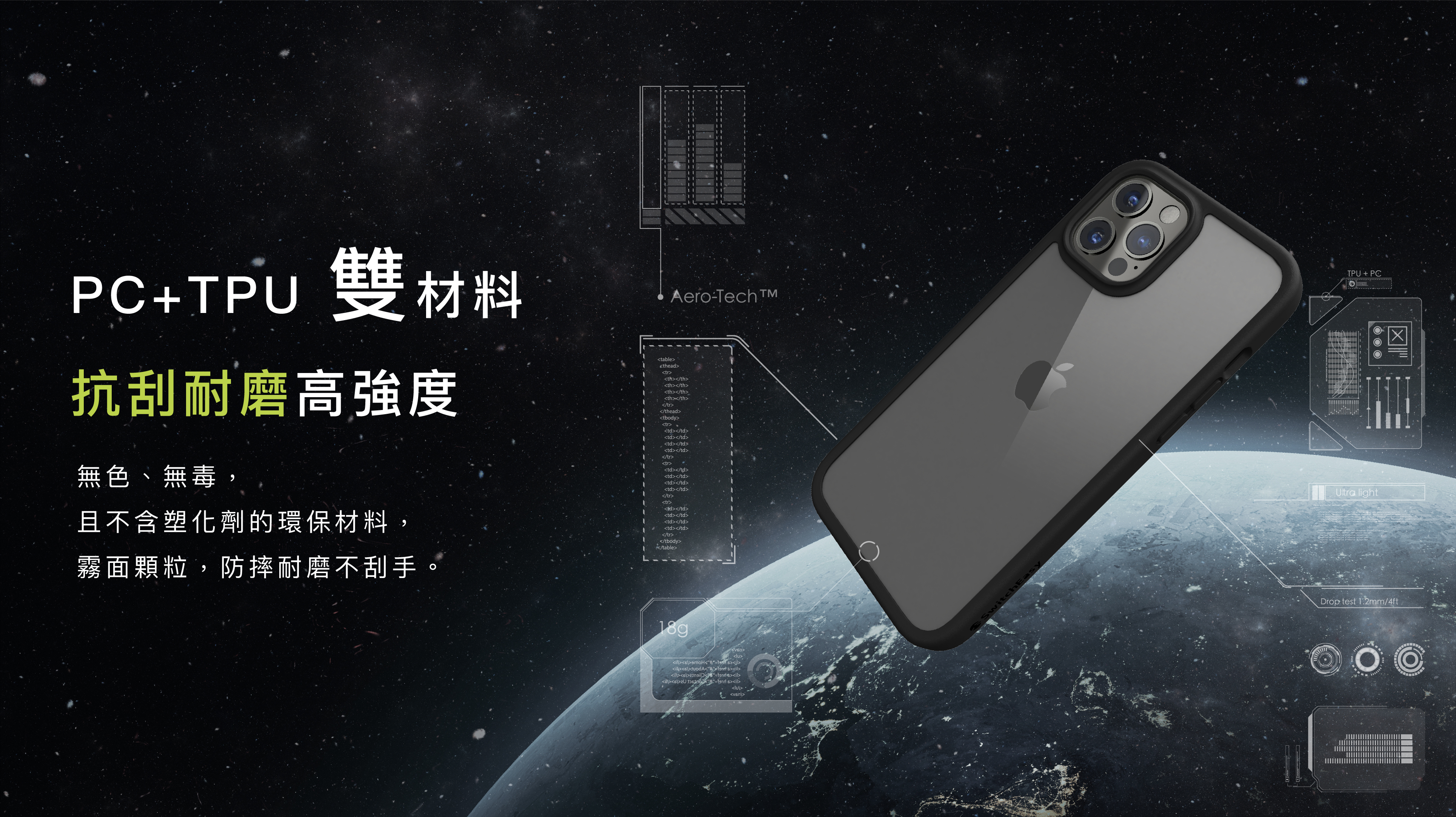 PC+TPU 雙材料 抗刮耐磨高強度 無色、無毒, 且不含塑化劑的環保材料, 霧面顆粒,防摔耐磨不刮手。