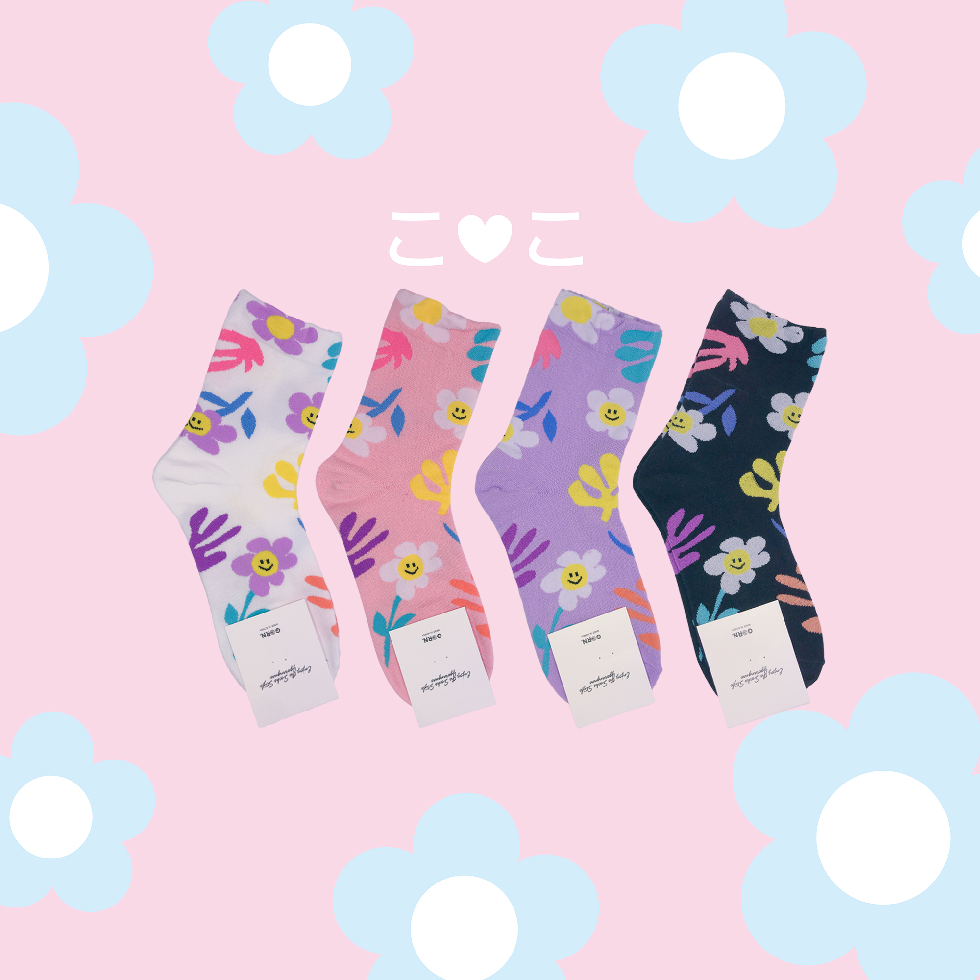 正韓花朵笑臉花葉襪子