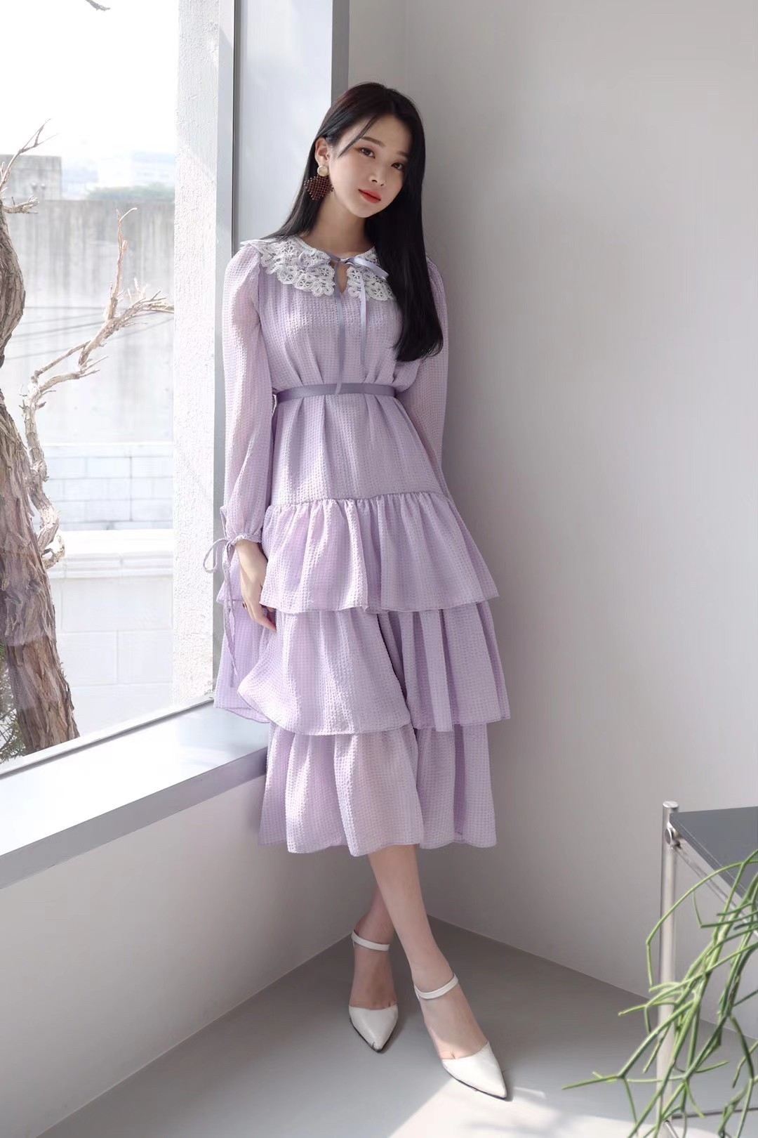 21040105Kimchi蕾絲領拚雪紡紗蛋糕裙擺洋裝
