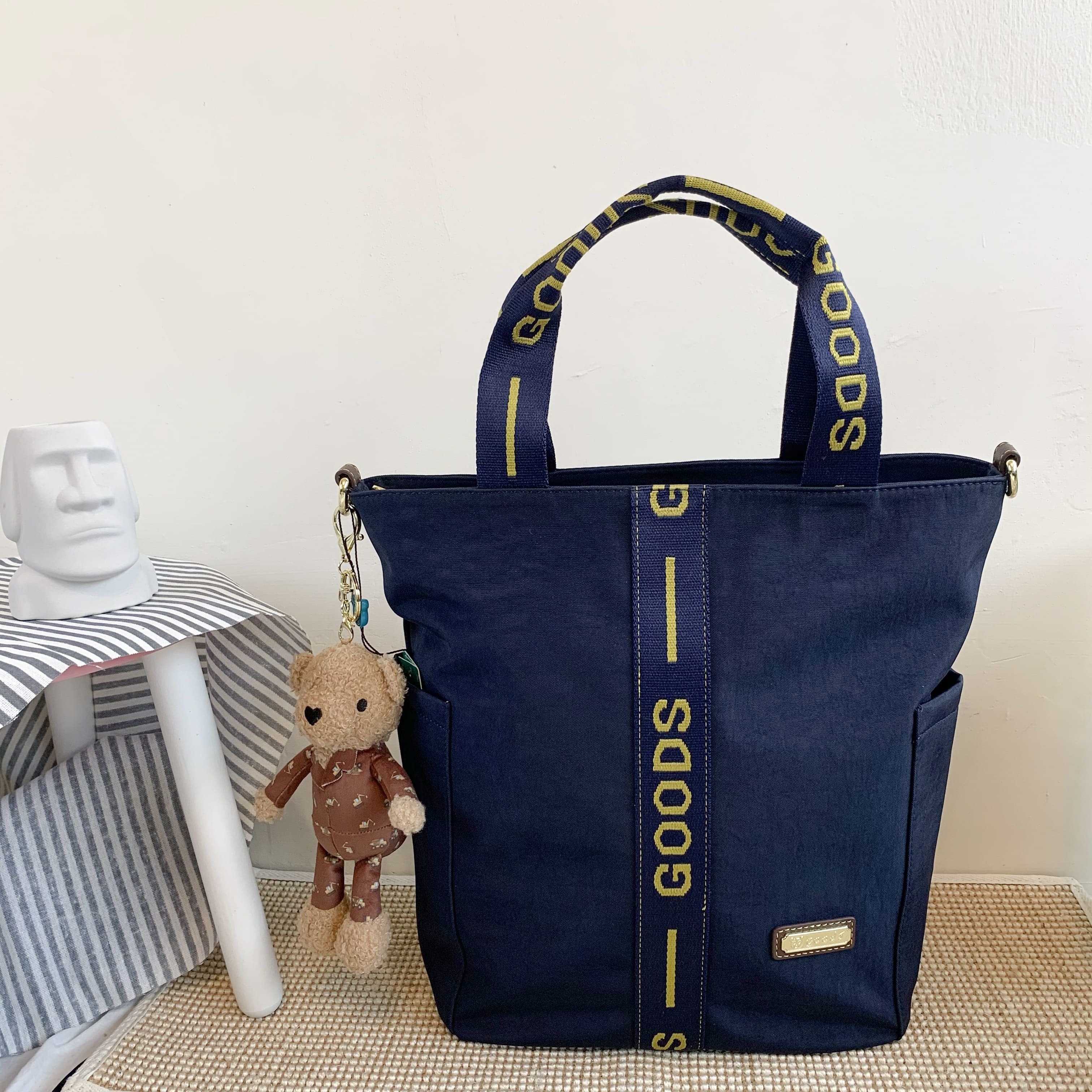 GOODS 織帶黃藍 丹寧防潑水手提托特包 附小熊吊飾 #2735