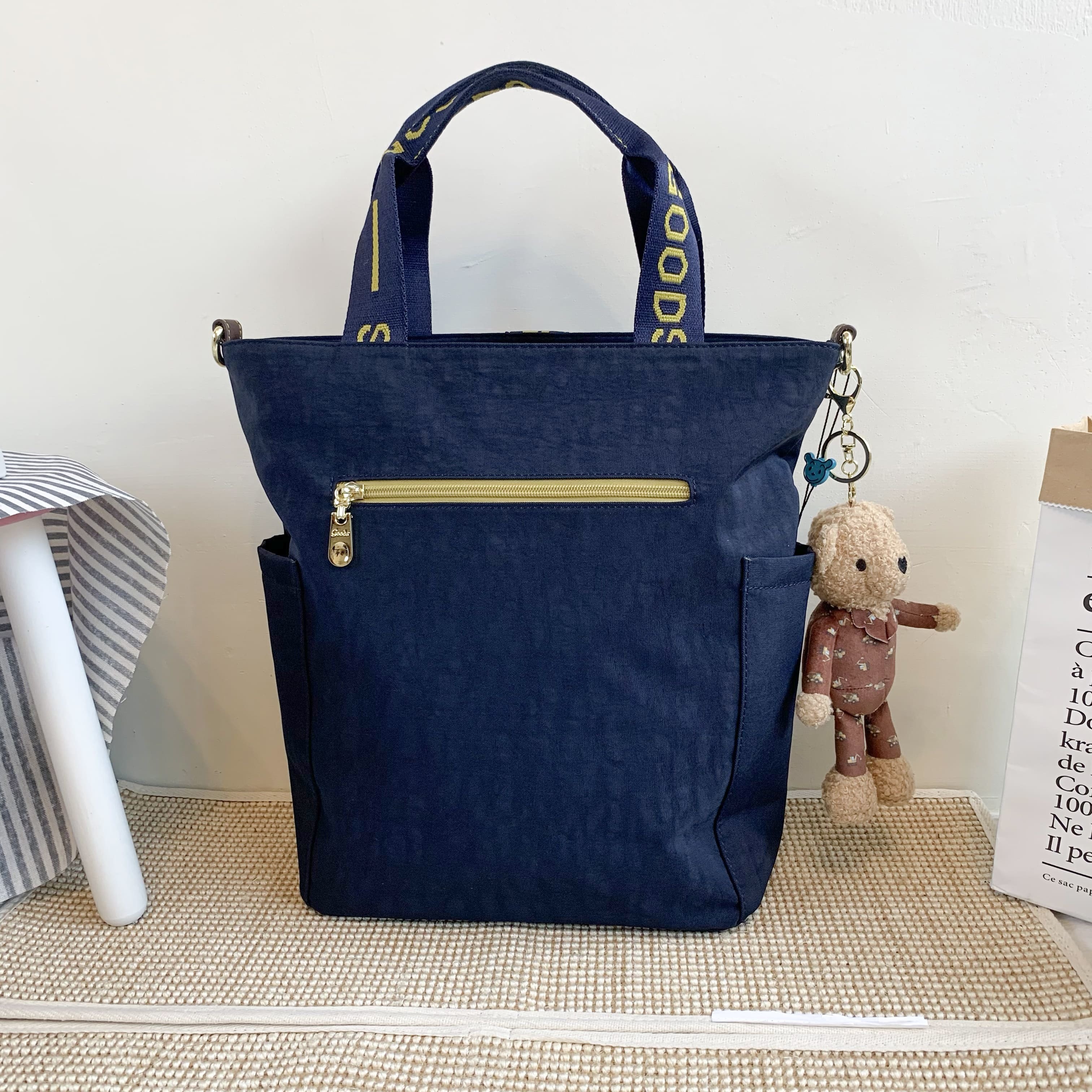 GOODS 織帶黃藍 丹寧防潑水手提托特包 附小熊吊飾 #2735