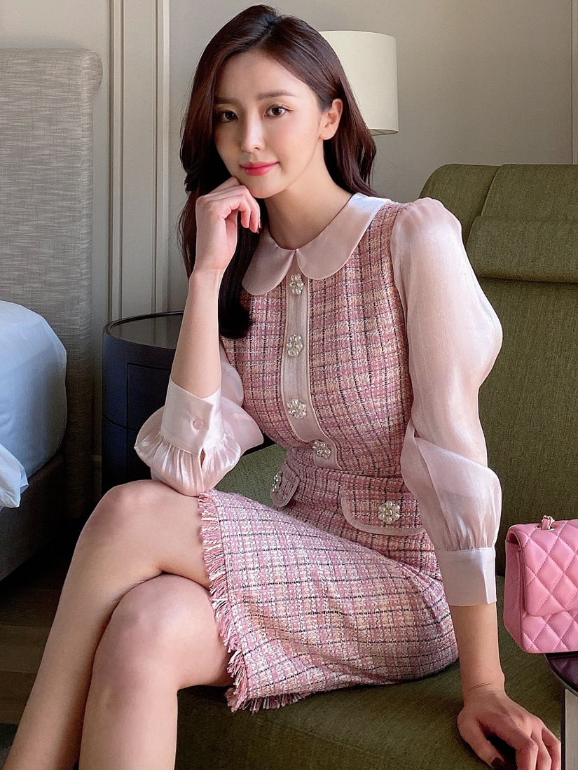 [現貨] 翻領排扣雪紡袖洋裝(粉紅色) [ S ]