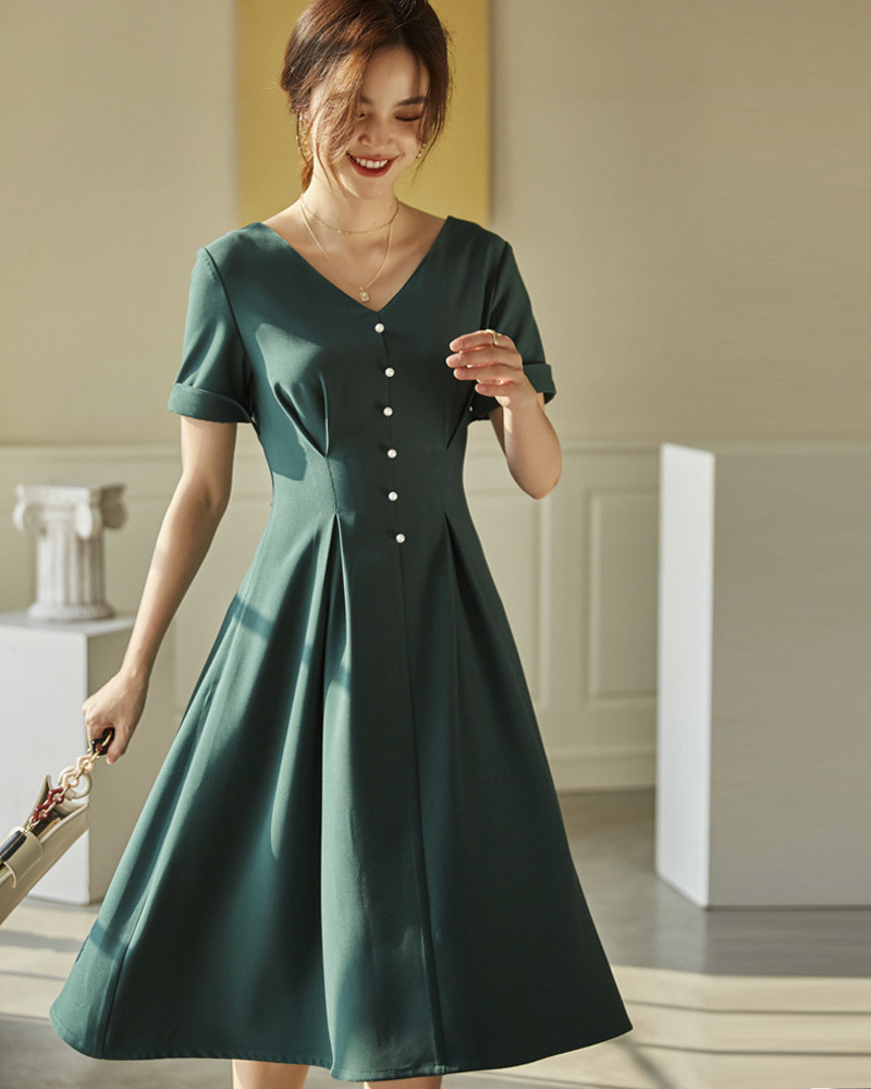 赫本珍珠釦兩穿收腰洋裝 三色