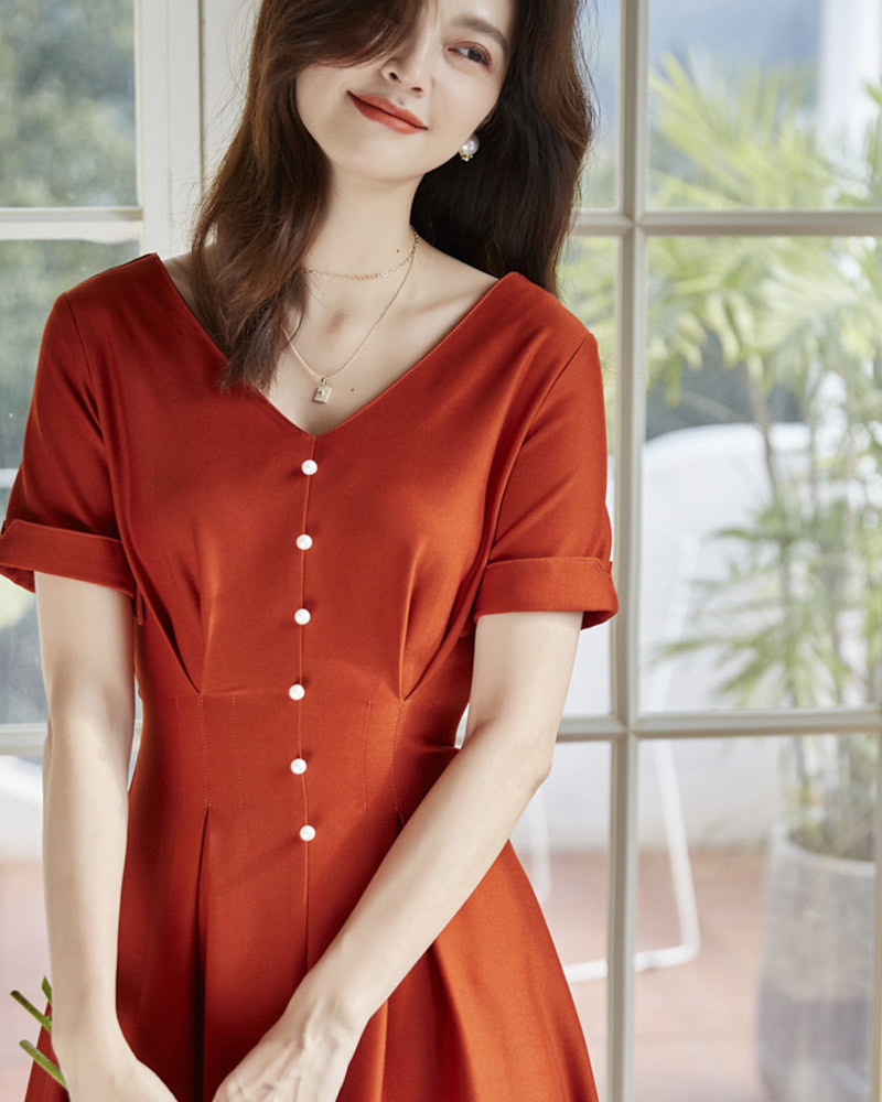 赫本珍珠釦兩穿收腰洋裝 三色