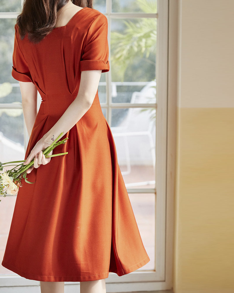 DEER.W赫本珍珠釦兩穿收腰洋裝 磚橘
