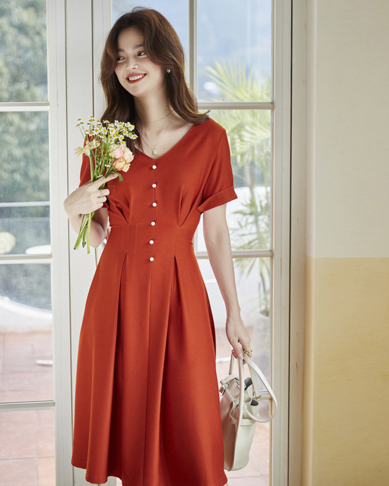 DEER.W赫本珍珠釦兩穿收腰洋裝 磚橘