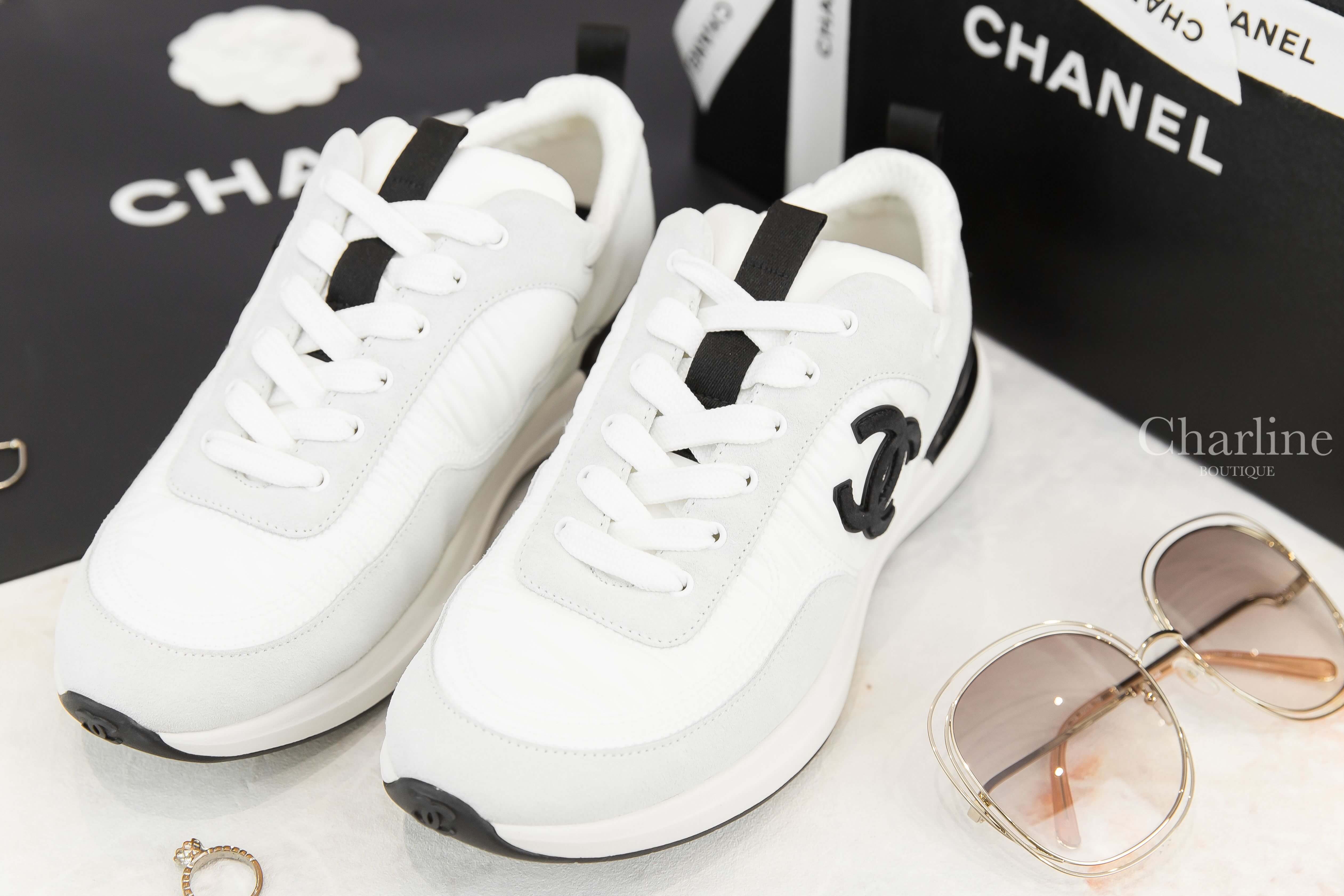 Chanel Trainers 白色尼龍拼灰麂皮黑CC牛皮運動鞋-Charline Boutique 精品代購