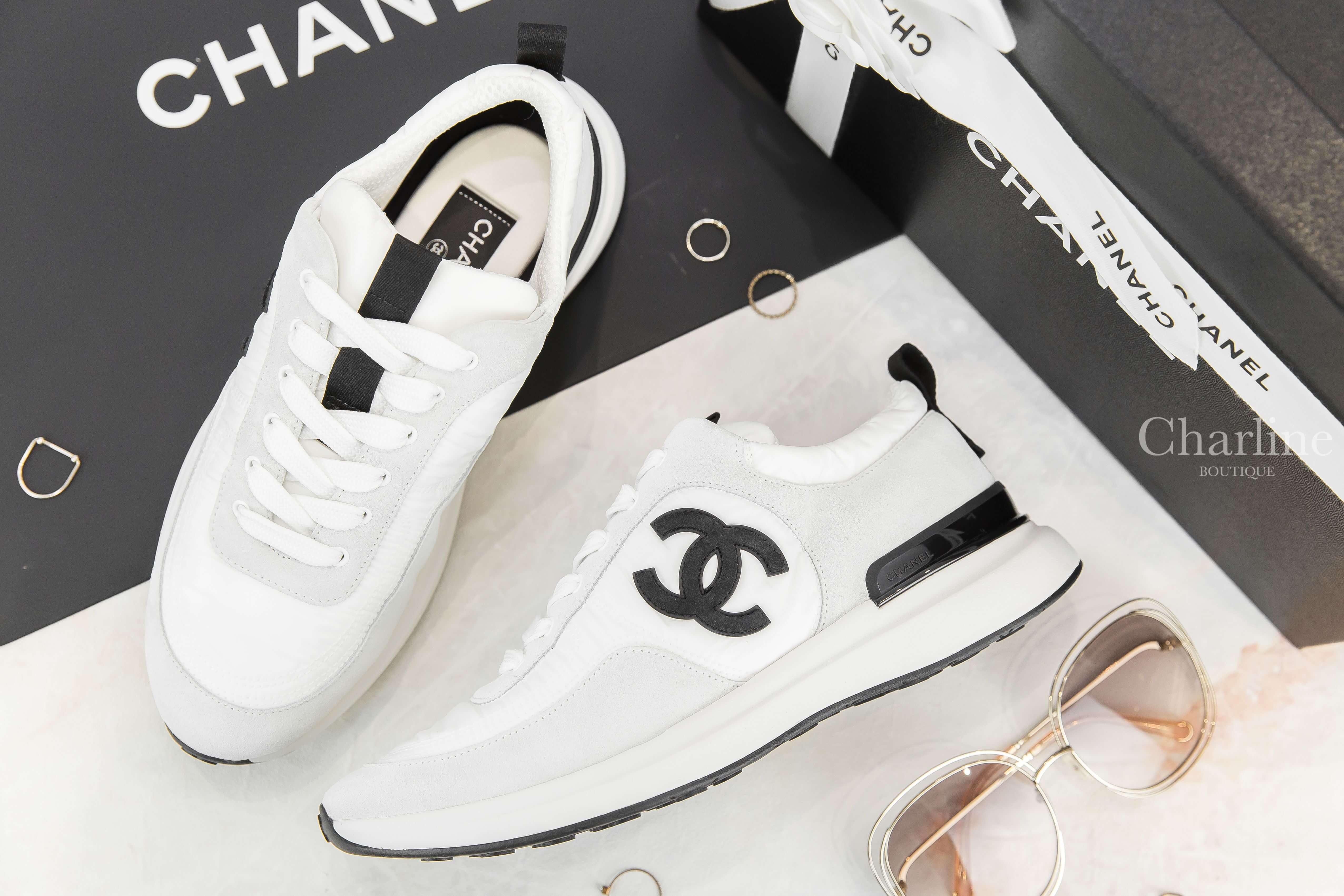 Chanel Trainers 白色尼龍拼灰麂皮黑CC牛皮運動鞋-Charline Boutique 精品代購