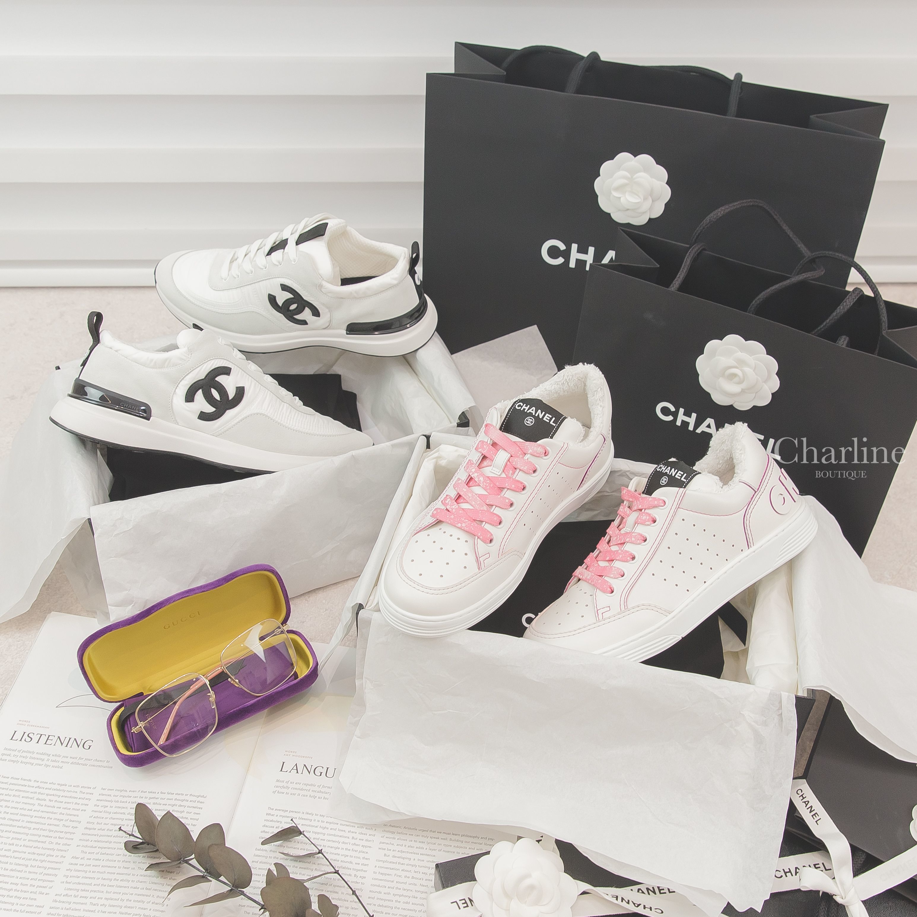 Chanel Trainers 白色尼龍拼灰麂皮黑CC牛皮運動鞋,Chanel Trainers 白色粉色立體不對稱字母絨毛小牛皮運動鞋,Gucci Glasses 金色方框粉色鏡腳平光眼鏡-Charline Boutique 精品代購