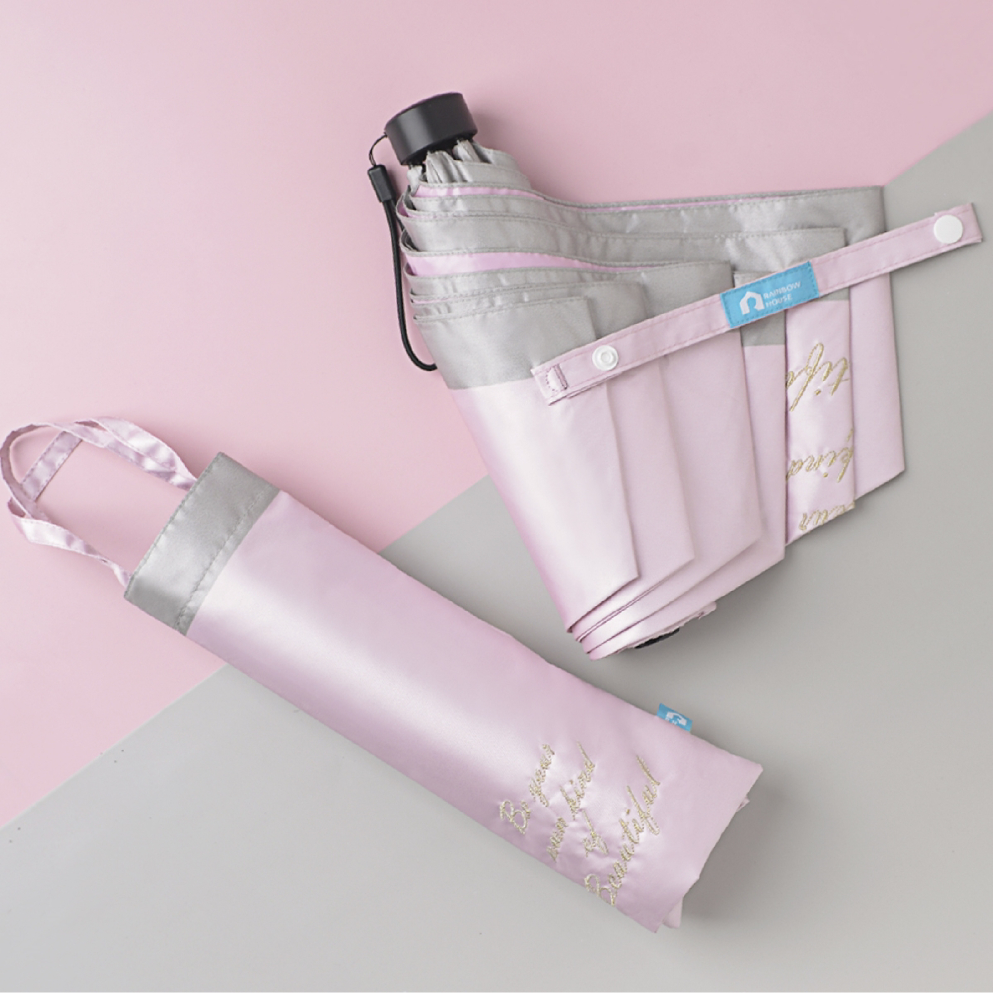 Rainbow House 晴雨傘 手寫的溫度 防風 防曬 輕量 加長中柄 刺繡 緞面 提袋式傘袋