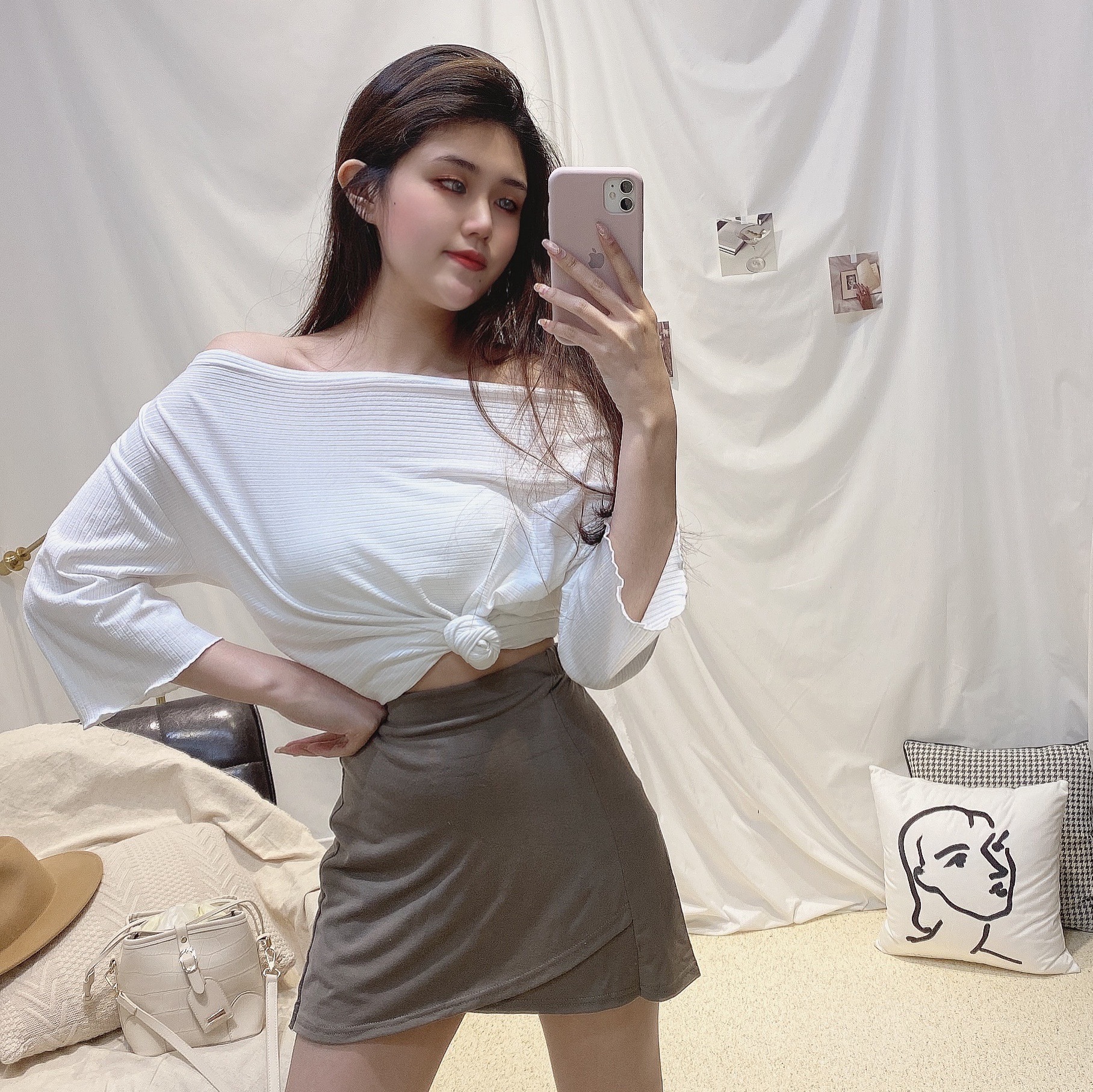 料平肩六分袖上衣/四色