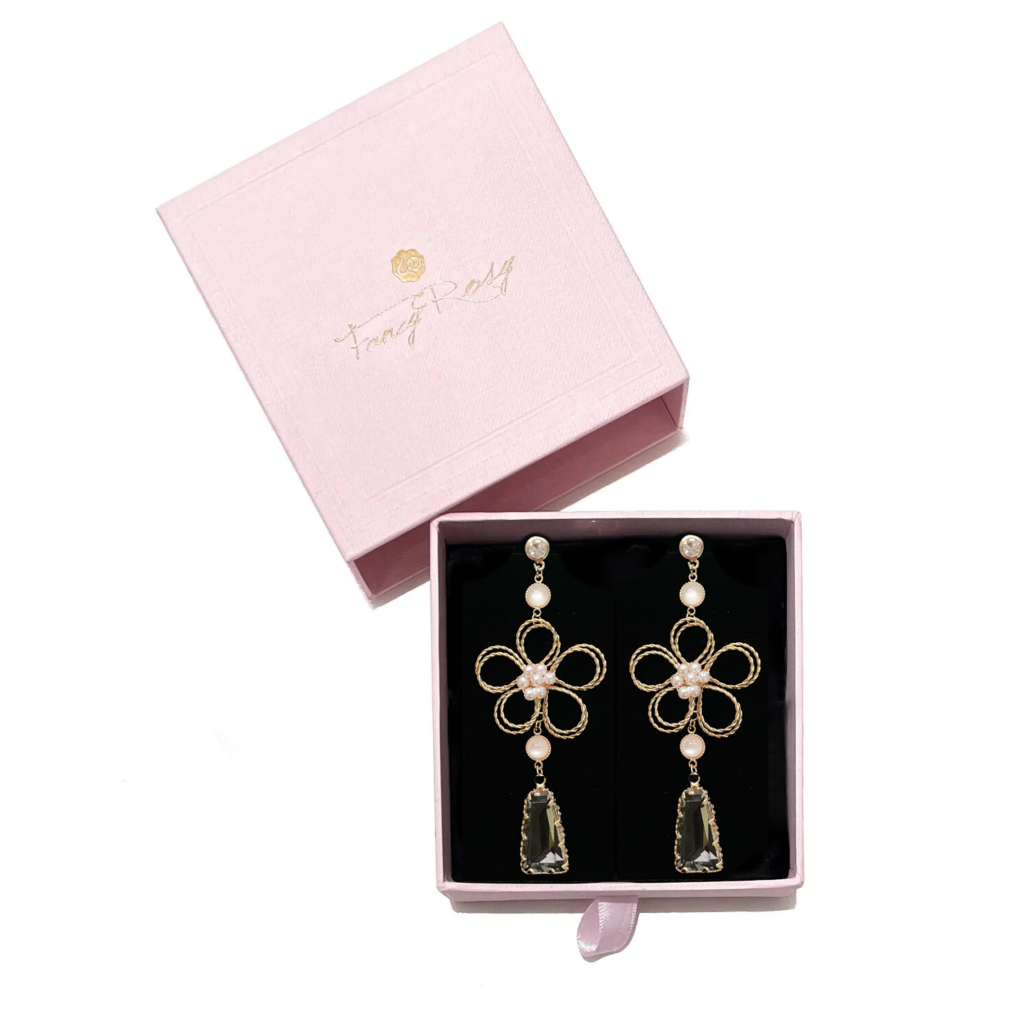 925 Sterling Silver Pearl Flower Crystal Earrings (Light Gold)