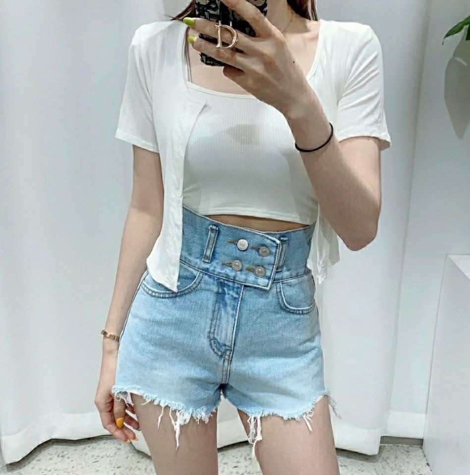 7164高腰刷白雙排釦流鬚牛仔短褲