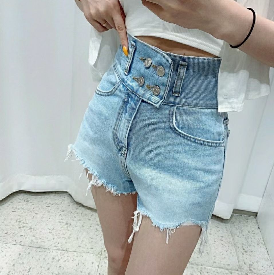 7164高腰刷白雙排釦流鬚牛仔短褲