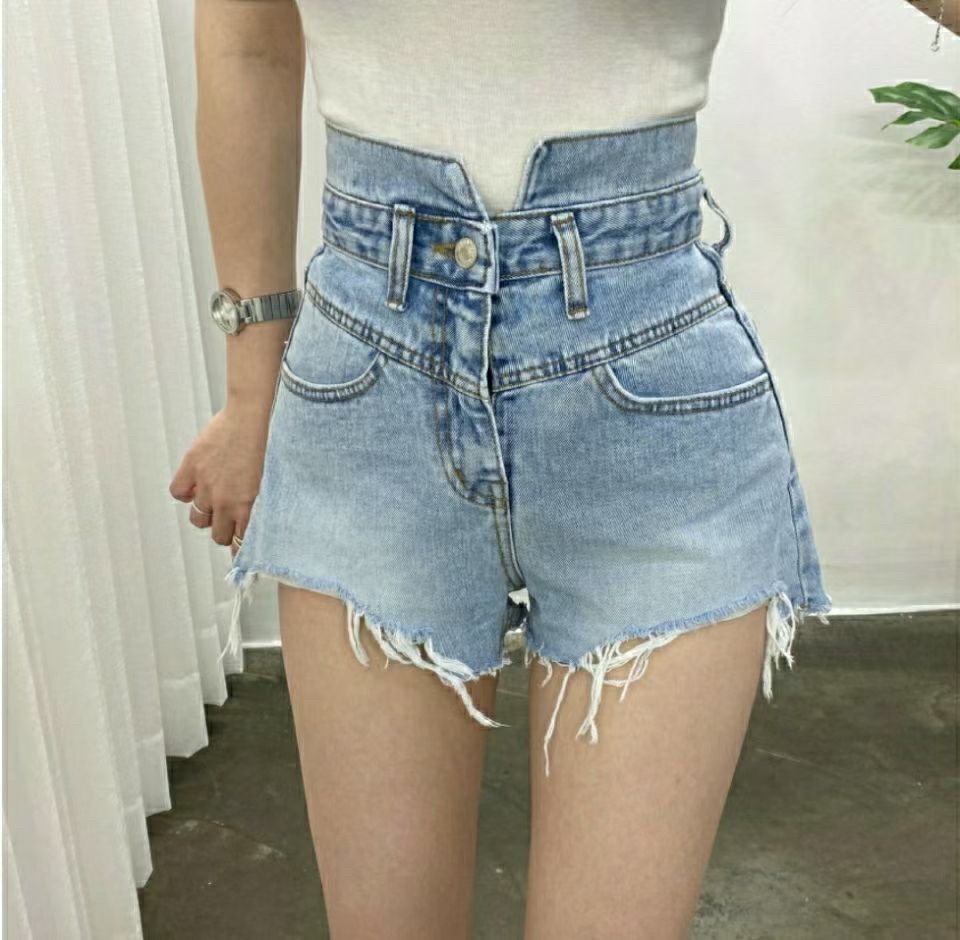 7173高腰缺口單釦流鬚牛仔短褲