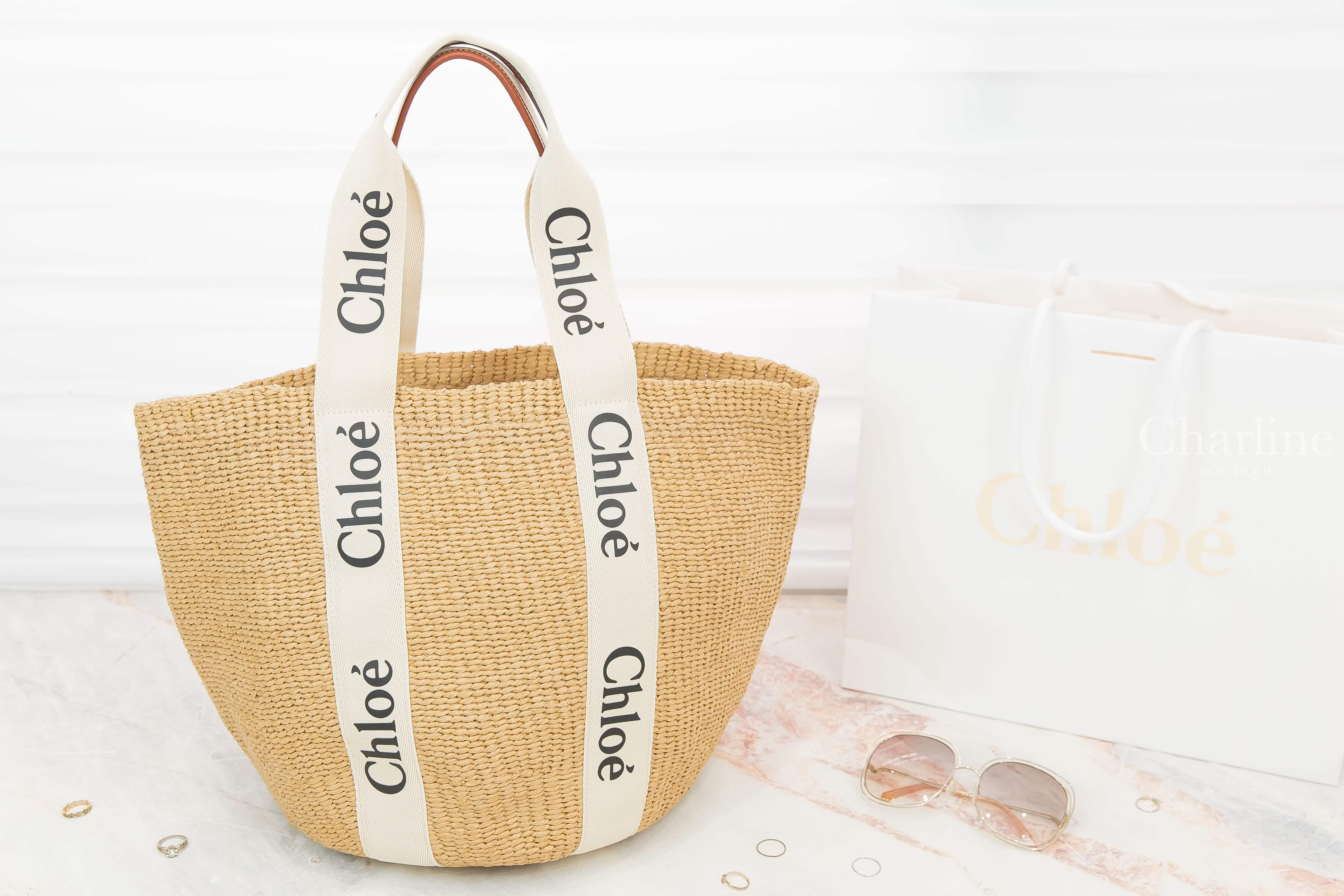 Chloe Large Woody Basket 米白色帆布黑Logo提把大型手提草編肩背包