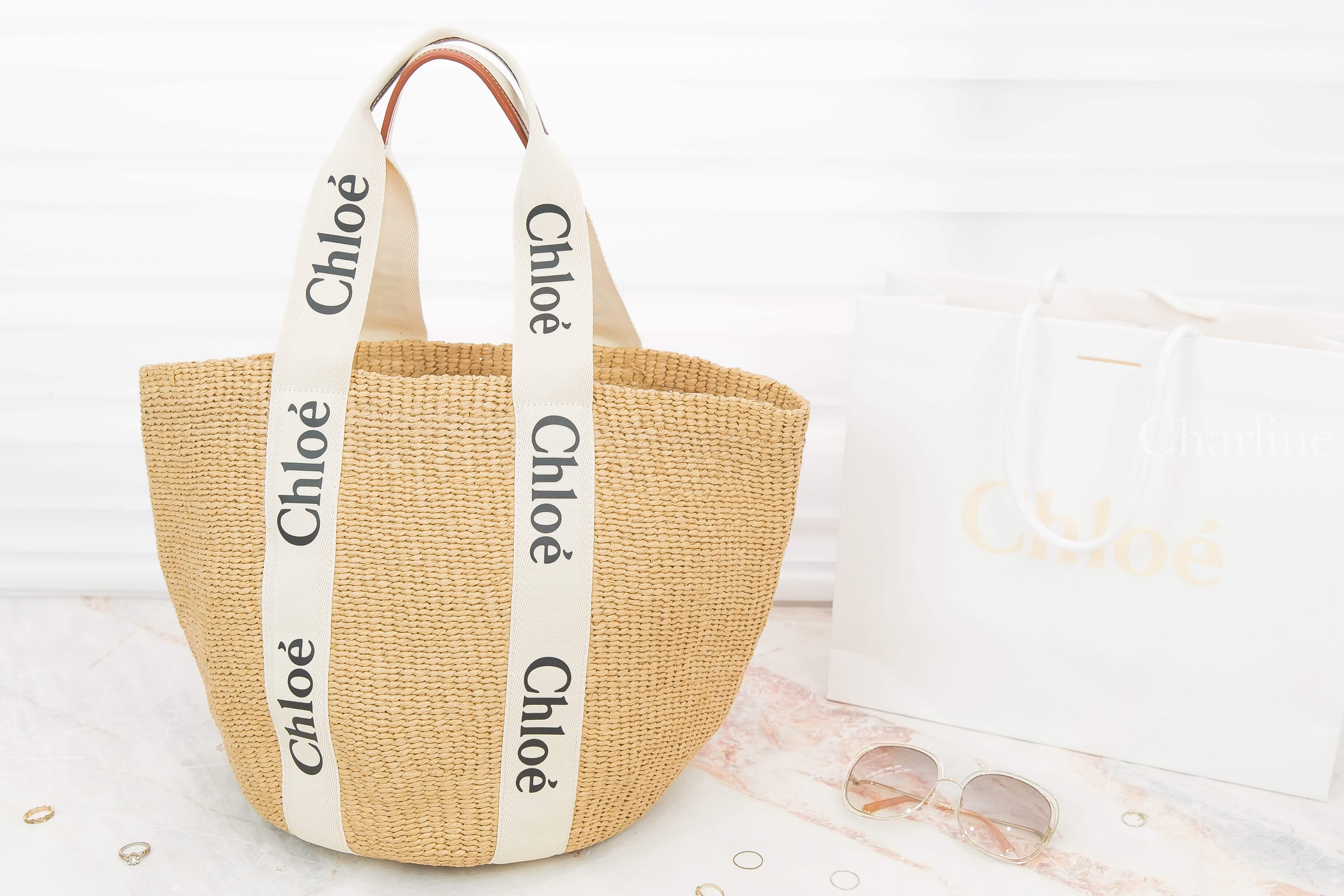 Chloe Large Woody Basket 米白色帆布黑Logo提把大型手提草編肩背包-Charline Boutique 精品代購