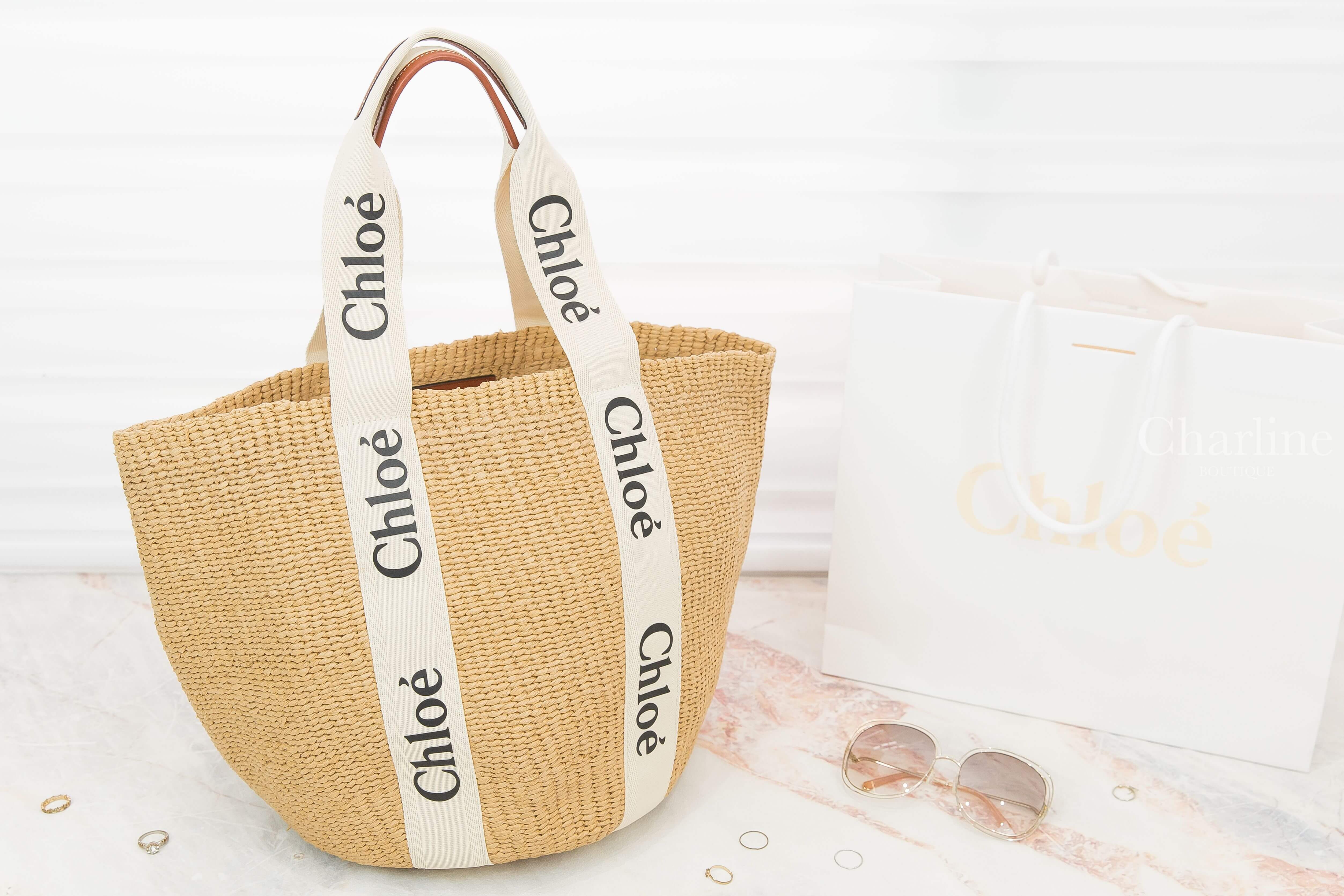 Chloe Large Woody Basket 米白色帆布黑Logo提把大型手提草編肩背包-Charline Boutique 精品代購