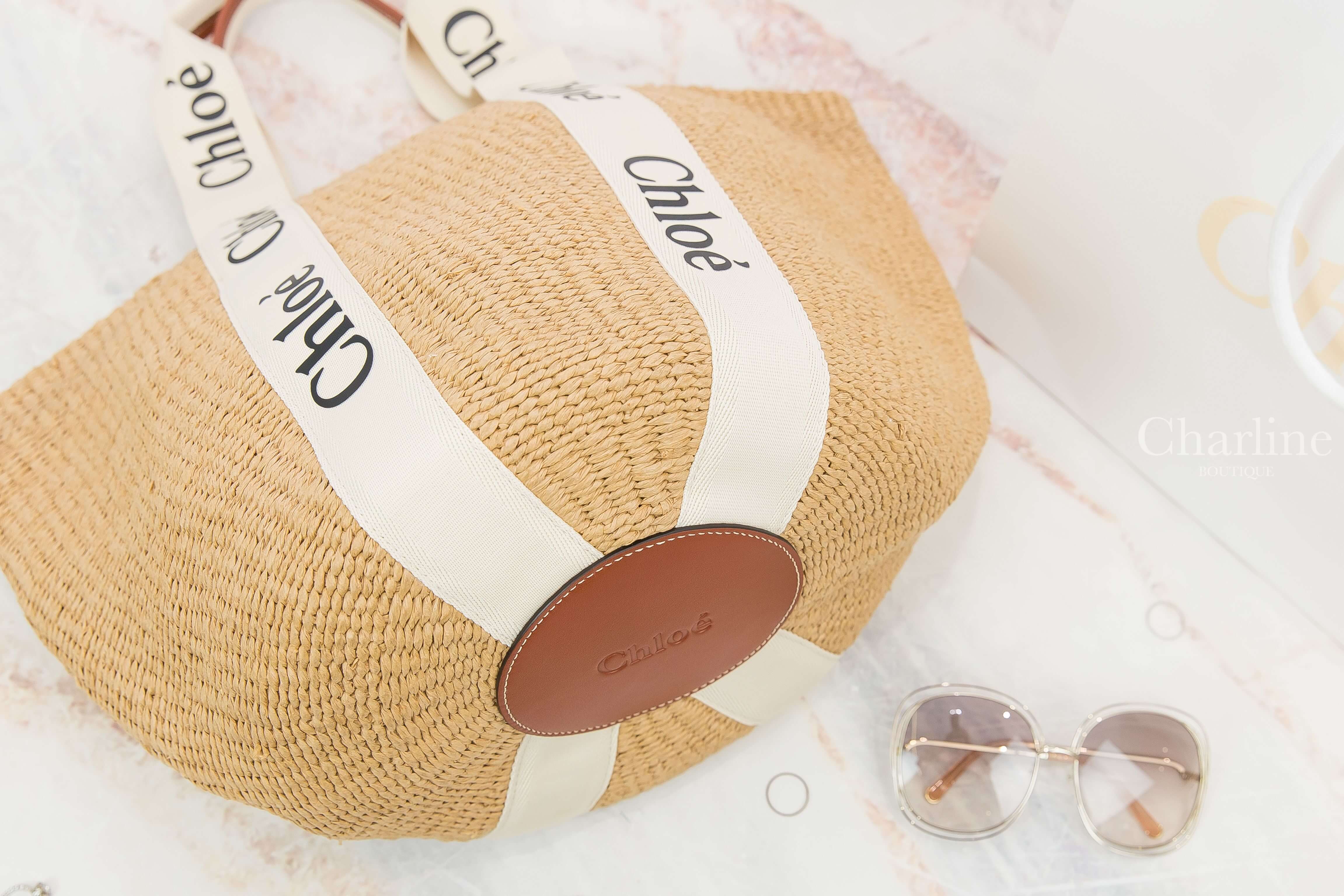 Chloe Large Woody Basket 米白色帆布黑Logo提把大型手提草編肩背包-Charline Boutique 精品代購