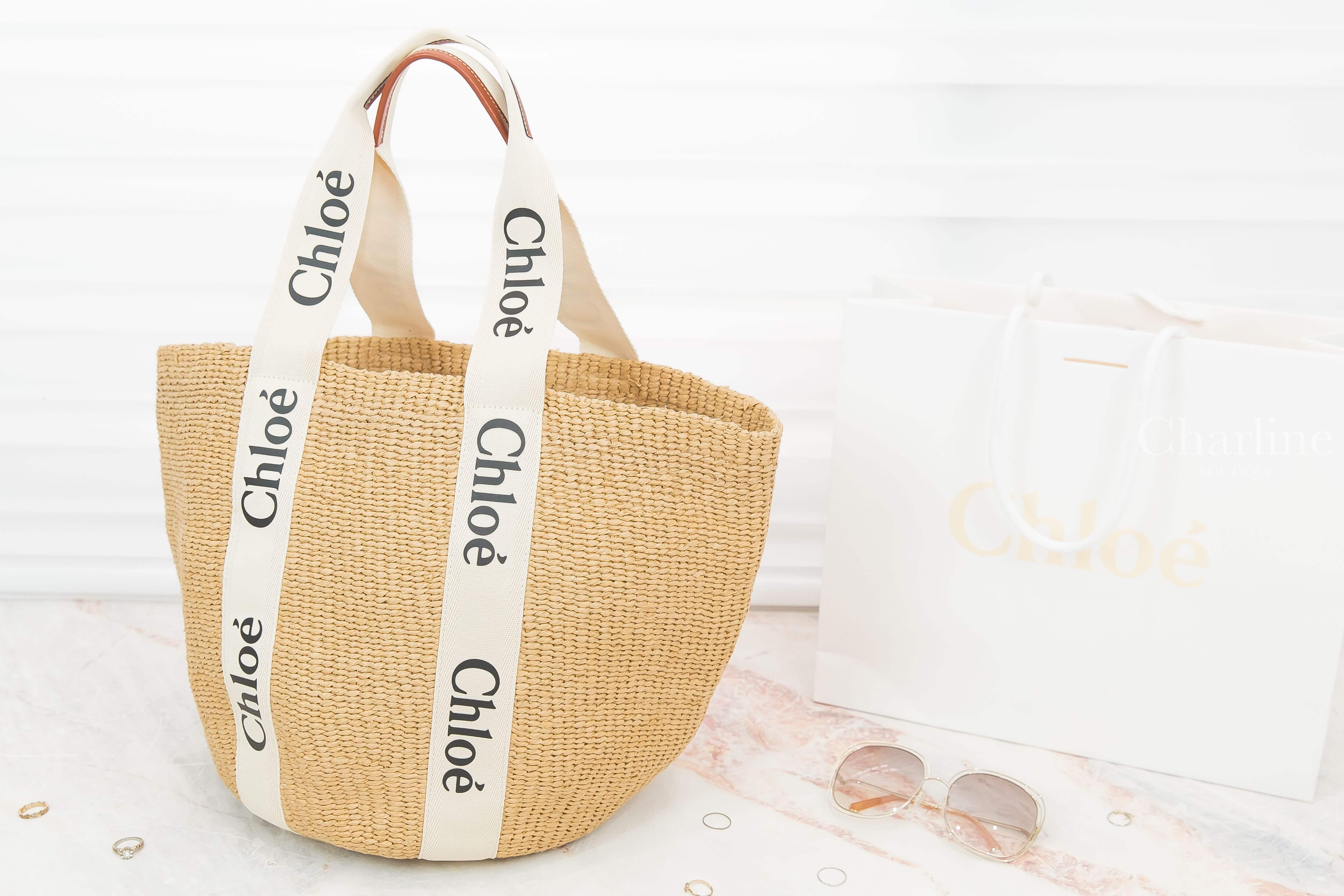 Chloe Large Woody Basket 米白色帆布黑Logo提把大型手提草編肩背包-Charline Boutique 精品代購