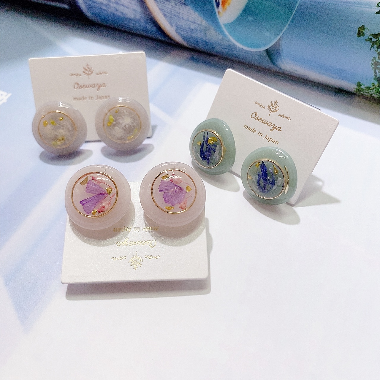 [日本制] 乾花封入金屬線圓形耳環