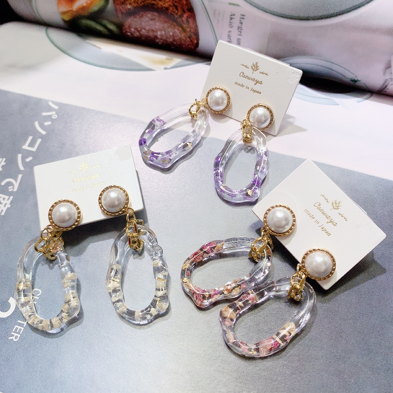 [日本制] 乾花封入珍珠耳環 (3色)