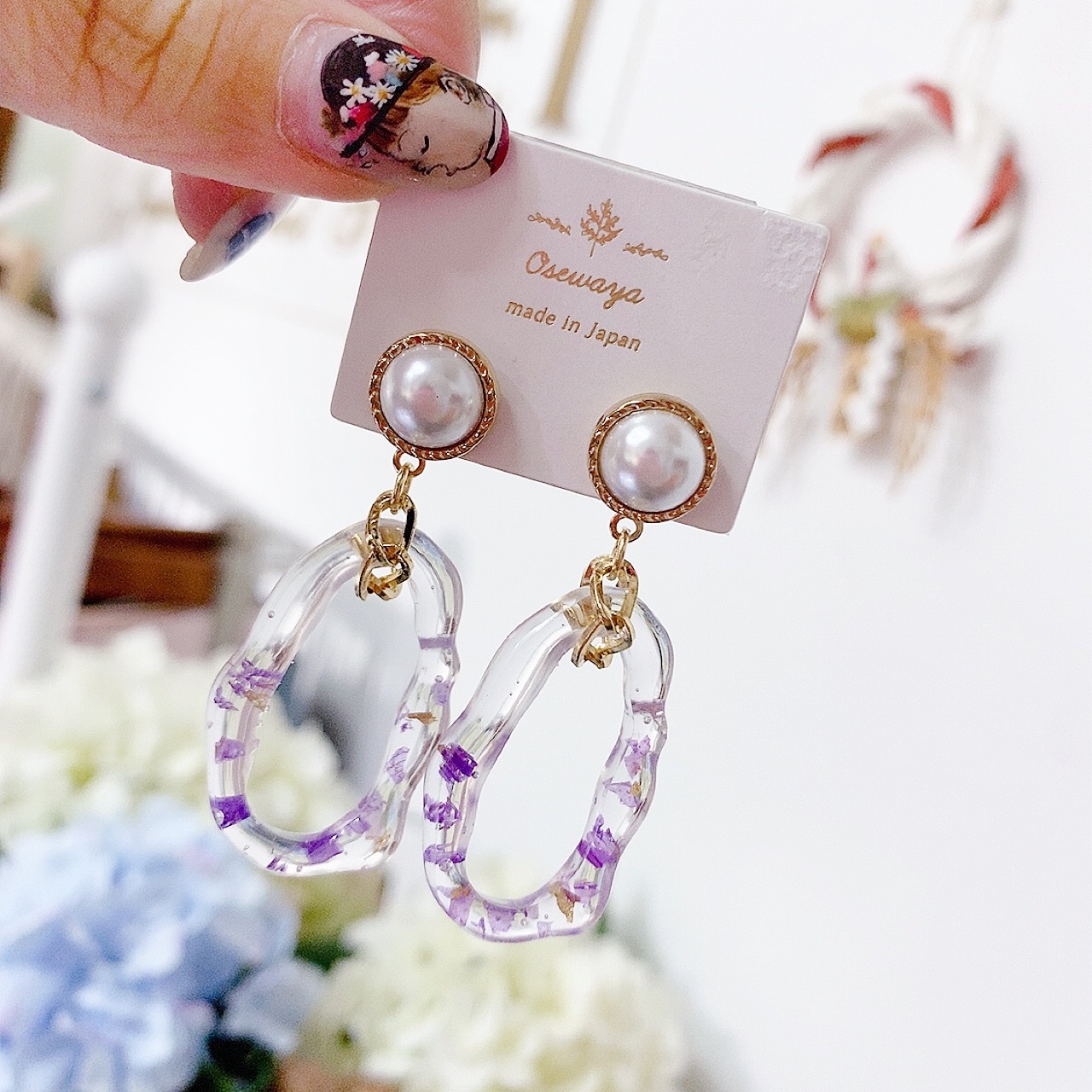 [日本制] 乾花封入珍珠耳環 (3色)