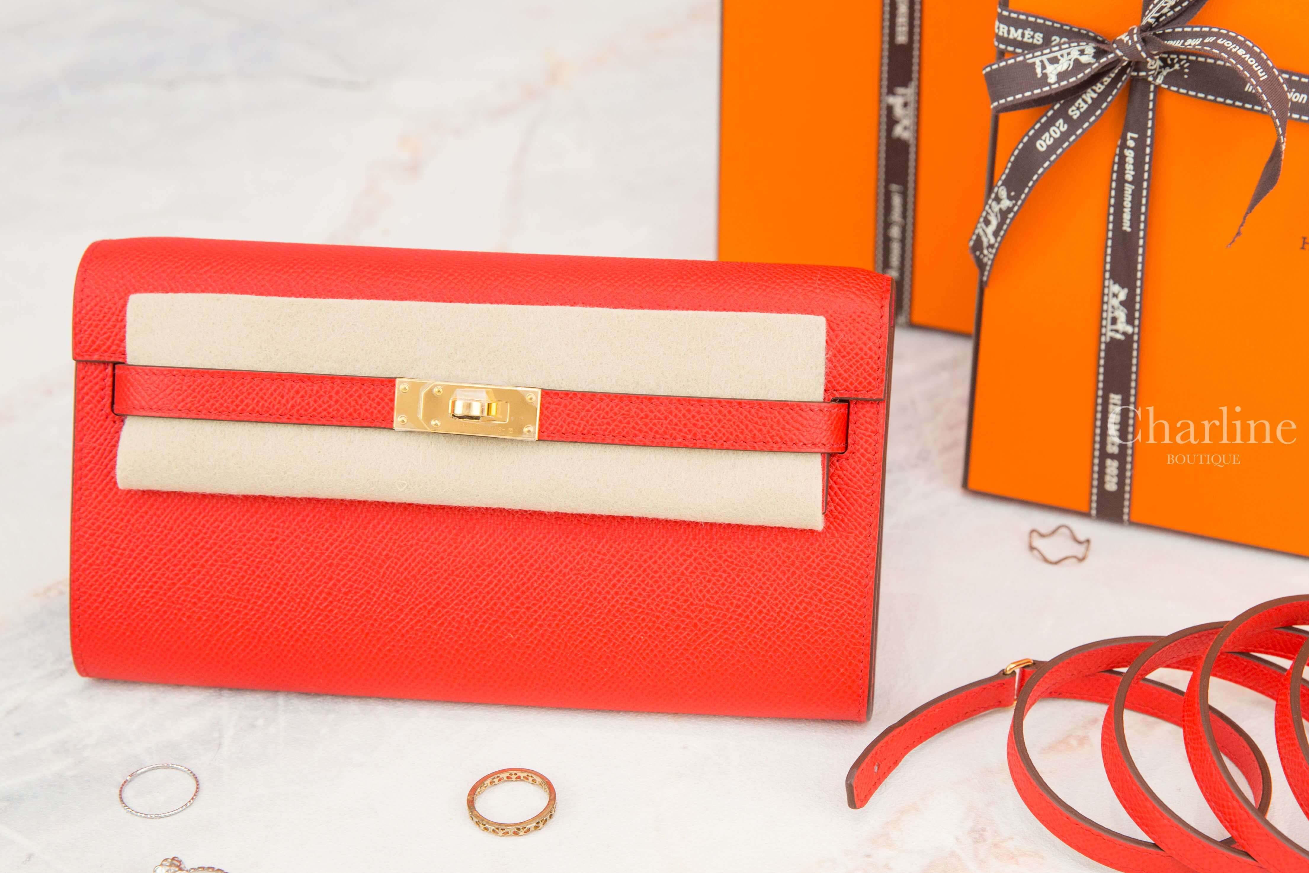 Hermes Kelly Classique To Go Wallet S3 Rouge de Coeur / I6 Rose Extreme Epsom Z刻心紅色拼玫瑰桃粉色內裡金釦凱莉肩背包-Charline Boutique 精品代購