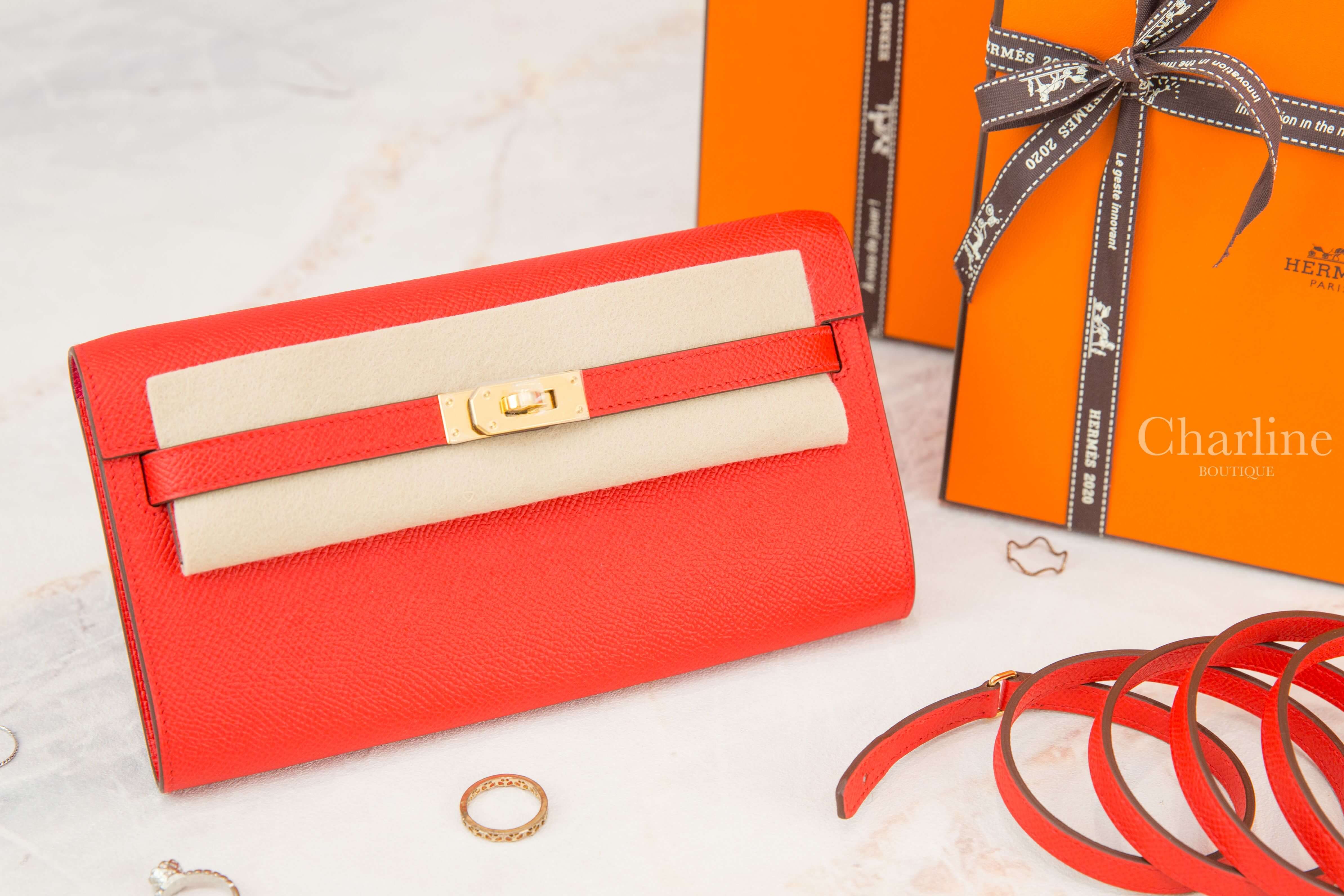 Hermes Kelly Classique To Go Wallet S3 Rouge de Coeur / I6 Rose Extreme Epsom Z刻心紅色拼玫瑰桃粉色內裡金釦凱莉肩背包-Charline Boutique 精品代購