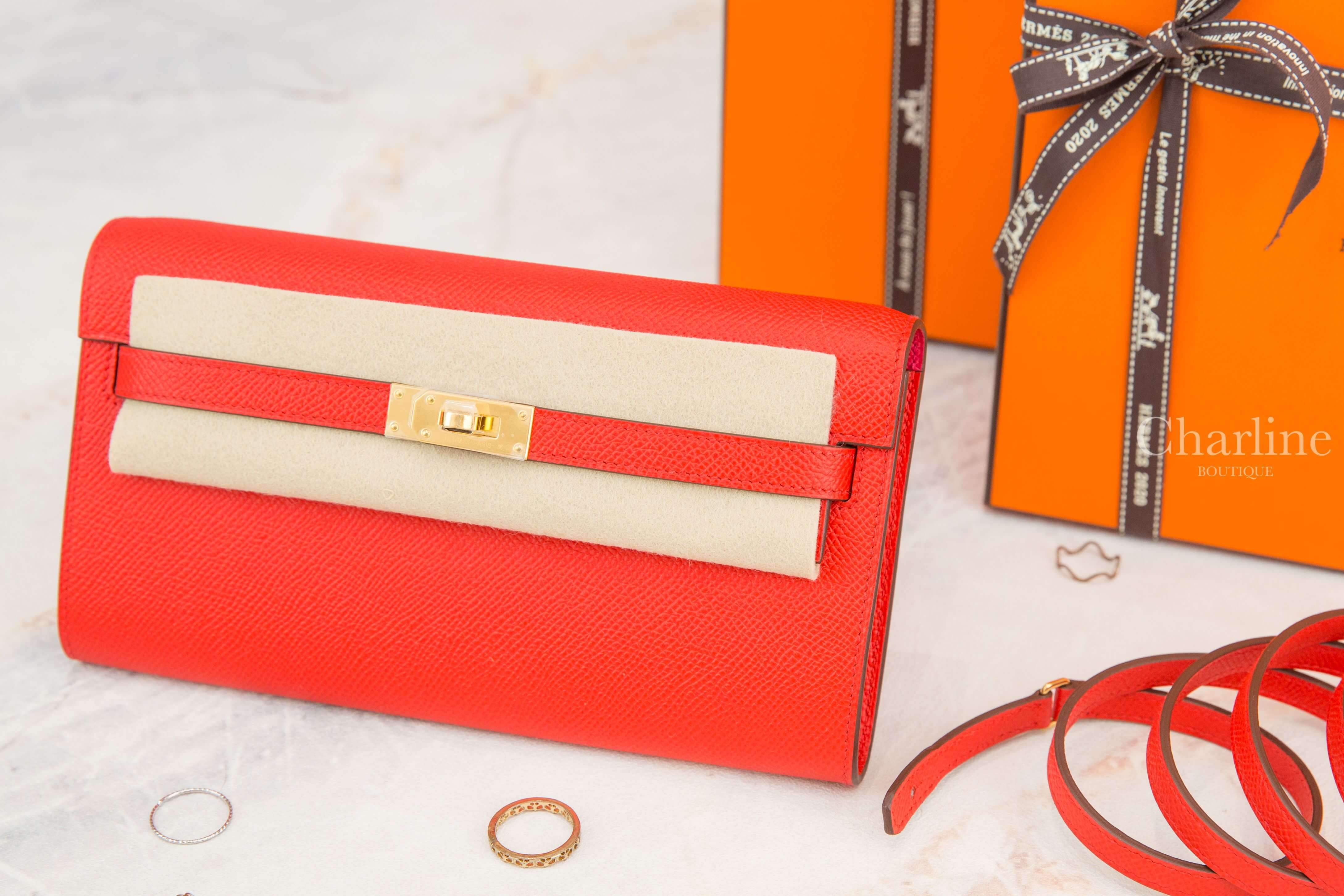 Hermes Kelly Classique To Go Wallet S3 Rouge de Coeur / I6 Rose Extreme Epsom Z刻心紅色拼玫瑰桃粉色內裡金釦凱莉肩背包-Charline Boutique 精品代購