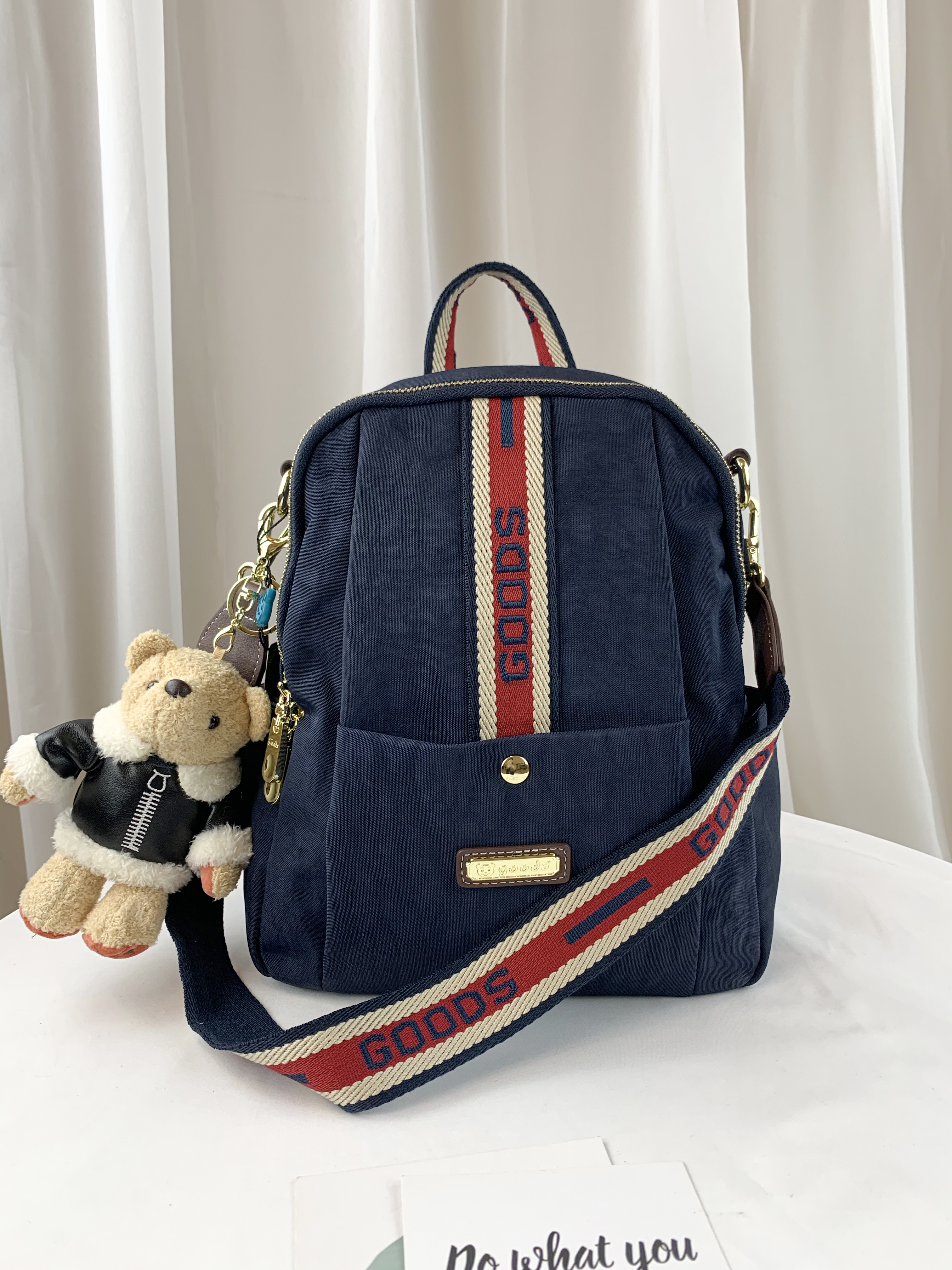 GOODS 織帶丹寧藍 防潑水後背包 / 側背包 附小熊吊飾 #2743