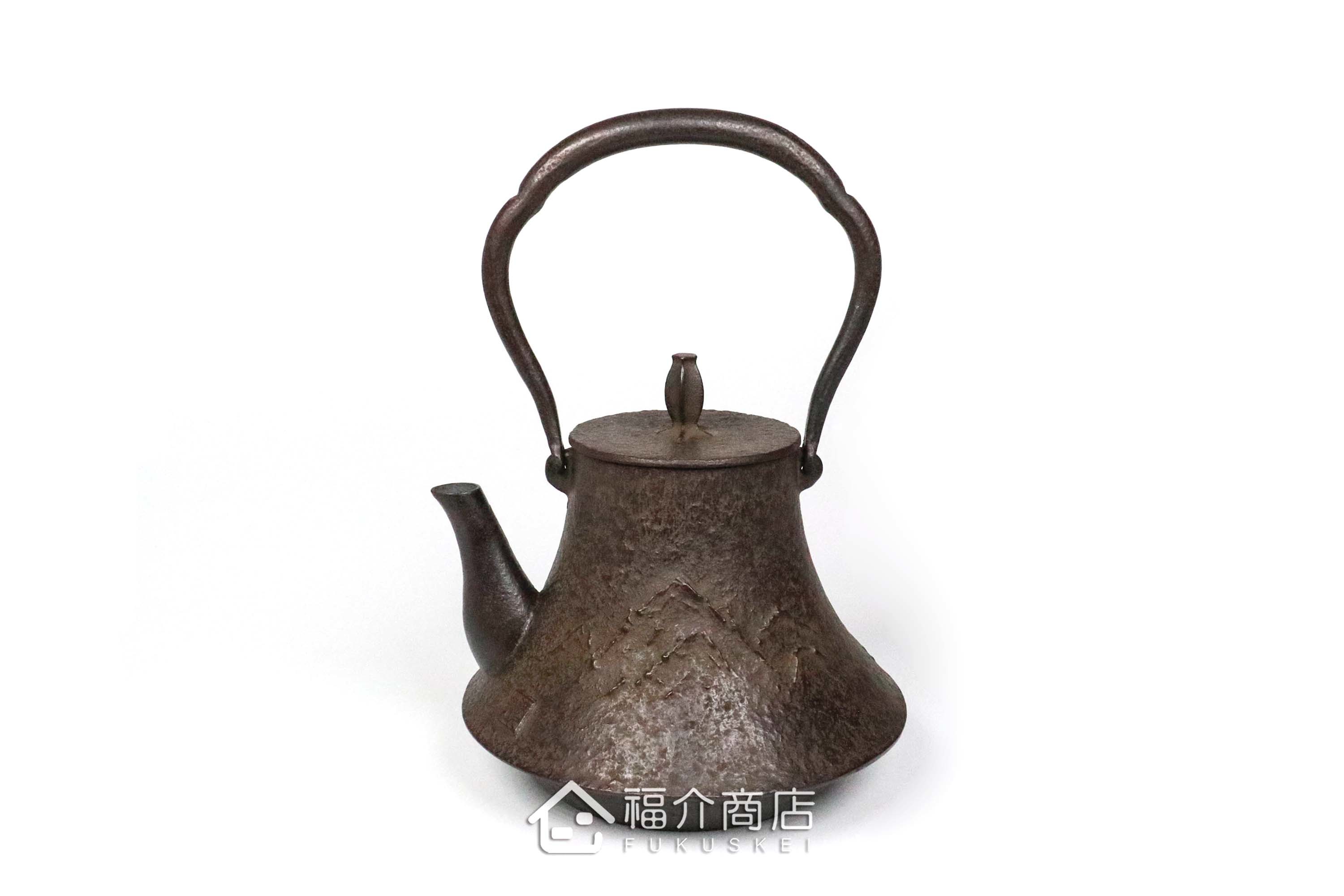 煮水泡茶用富士型的馬與山稜紋樣造型日本製鐵壺